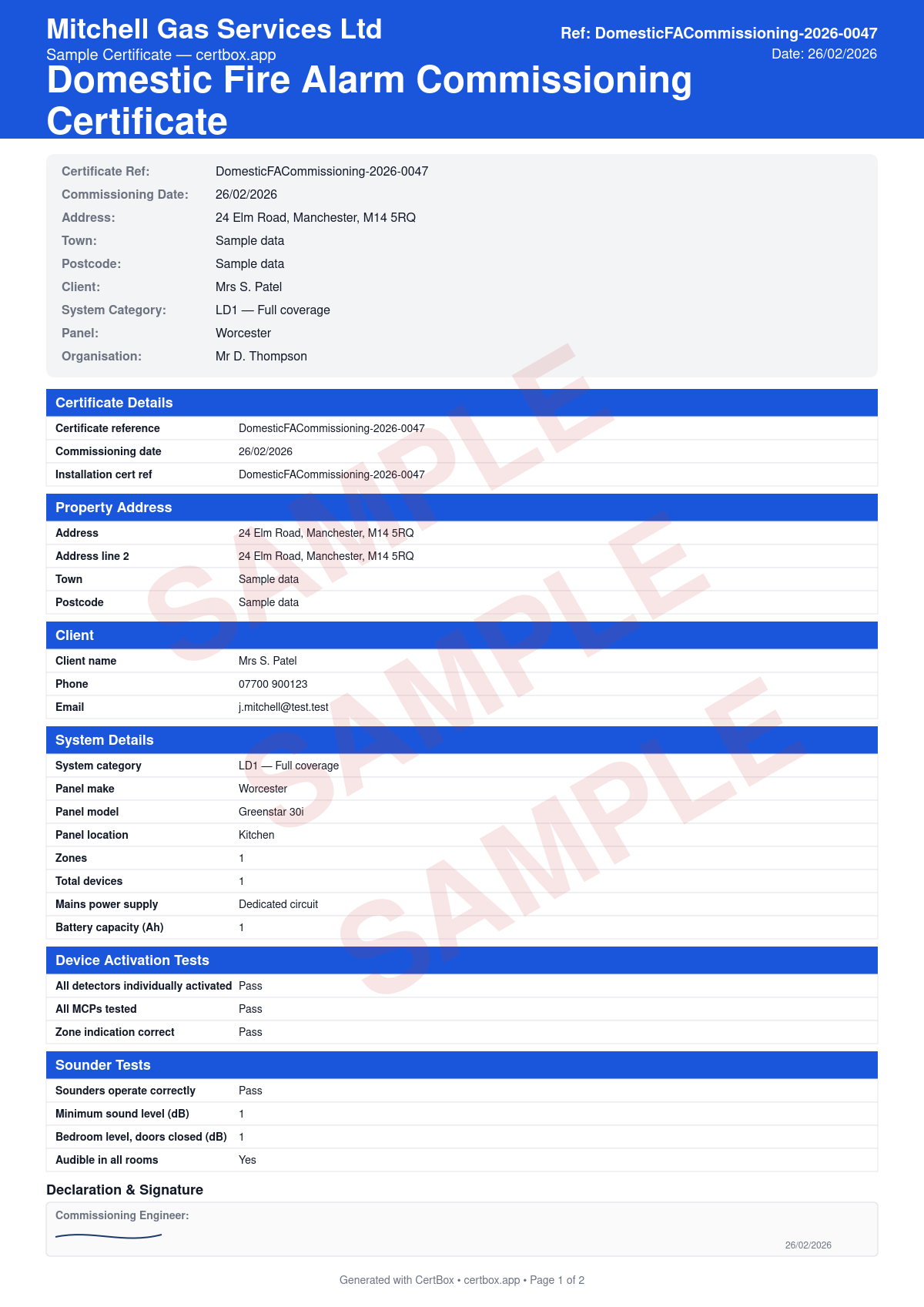 Sample BS 5839-6 Domestic Fire Alarm Commissioning Certificate (Grade A) certificate created with CertBox, showing the professional PDF layout with individual detector activation, sounder db measurements per room, 72-hour standby + 4-minute alarm test