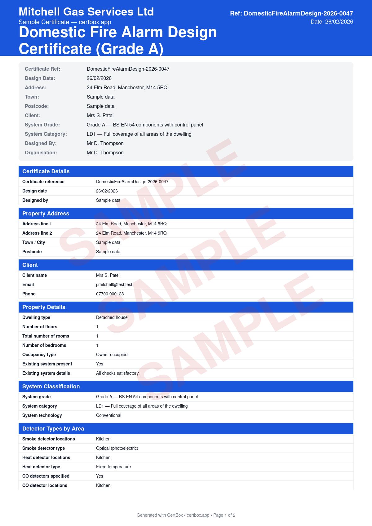 Sample BS 5839-6 Domestic Fire Alarm Design Certificate (Grade A) certificate created with CertBox, showing the professional PDF layout with system grade and category selection, detector types and placement per room, sounder/alarm device locations
