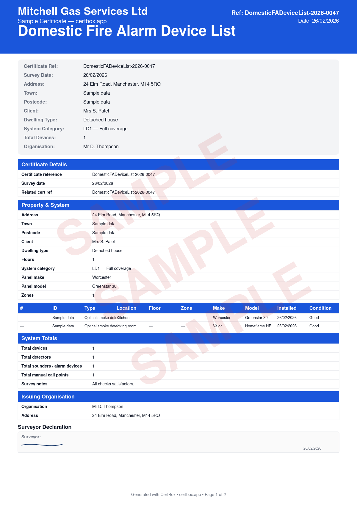 Sample BS 5839-6 Domestic Fire Alarm Device List (Grade A) certificate created with CertBox, showing the professional PDF layout with device id and type, location and floor, zone assignment