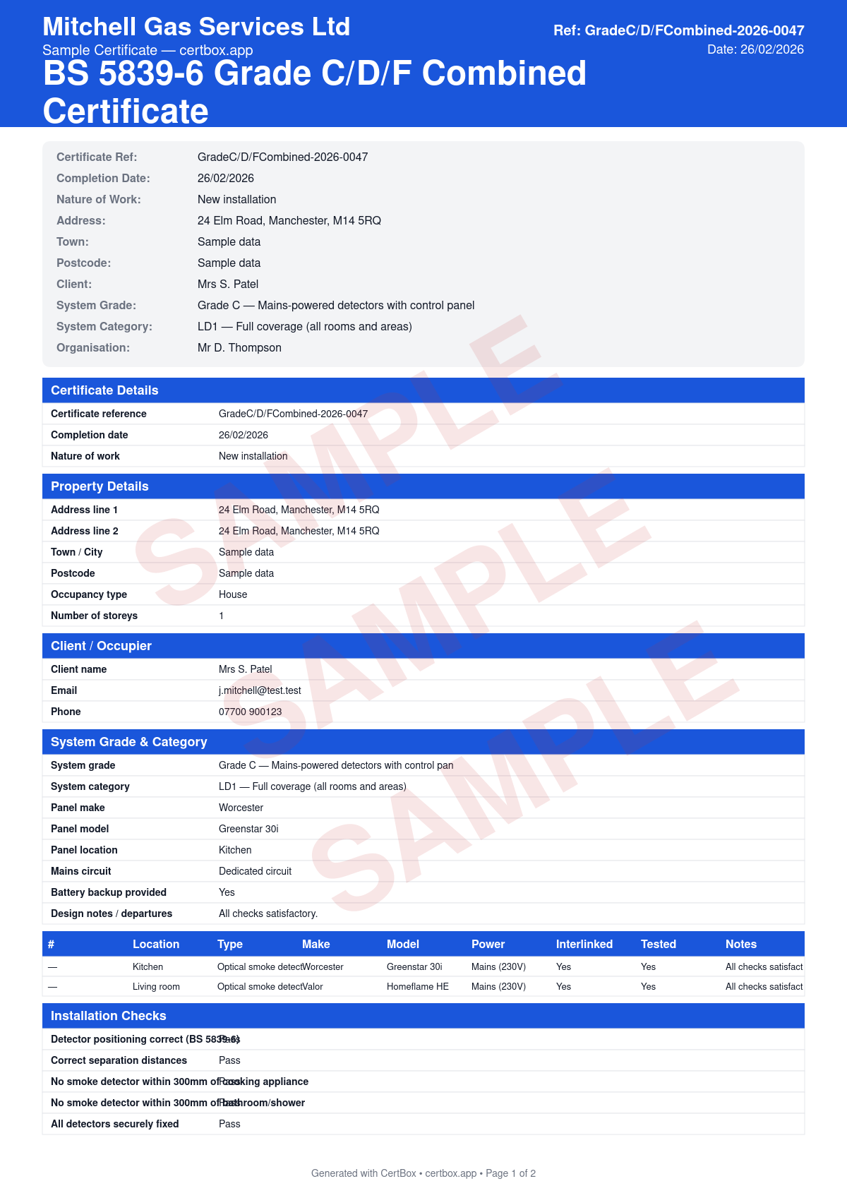 Sample BS 5839-6 Grade C/D/F Combined Certificate certificate created with CertBox, showing the professional PDF layout with system grade (c/d/f) and category, detector schedule with locations, correct positioning per bs 5839-6