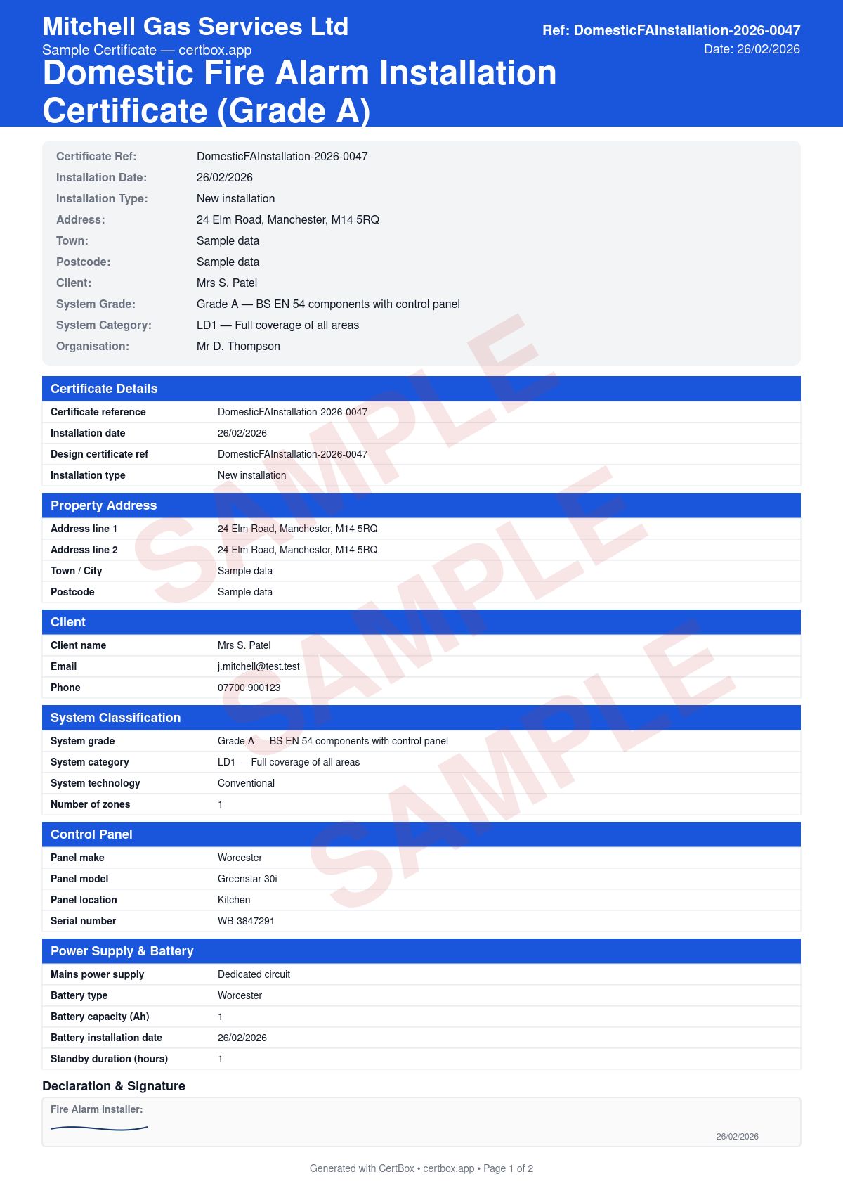 Sample BS 5839-6 Domestic Fire Alarm Installation Certificate (Grade A) certificate created with CertBox, showing the professional PDF layout with control panel make, model, and location, device schedule with locations, wiring type and fire resistance