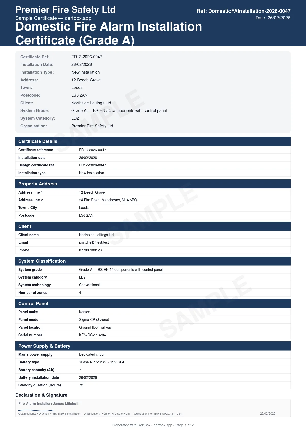 Sample BS 5839-6 Domestic Fire Alarm Installation Certificate (Grade A) certificate created with CertBox, showing the professional PDF layout with control panel make, model, and location, device schedule with locations, wiring type and fire resistance