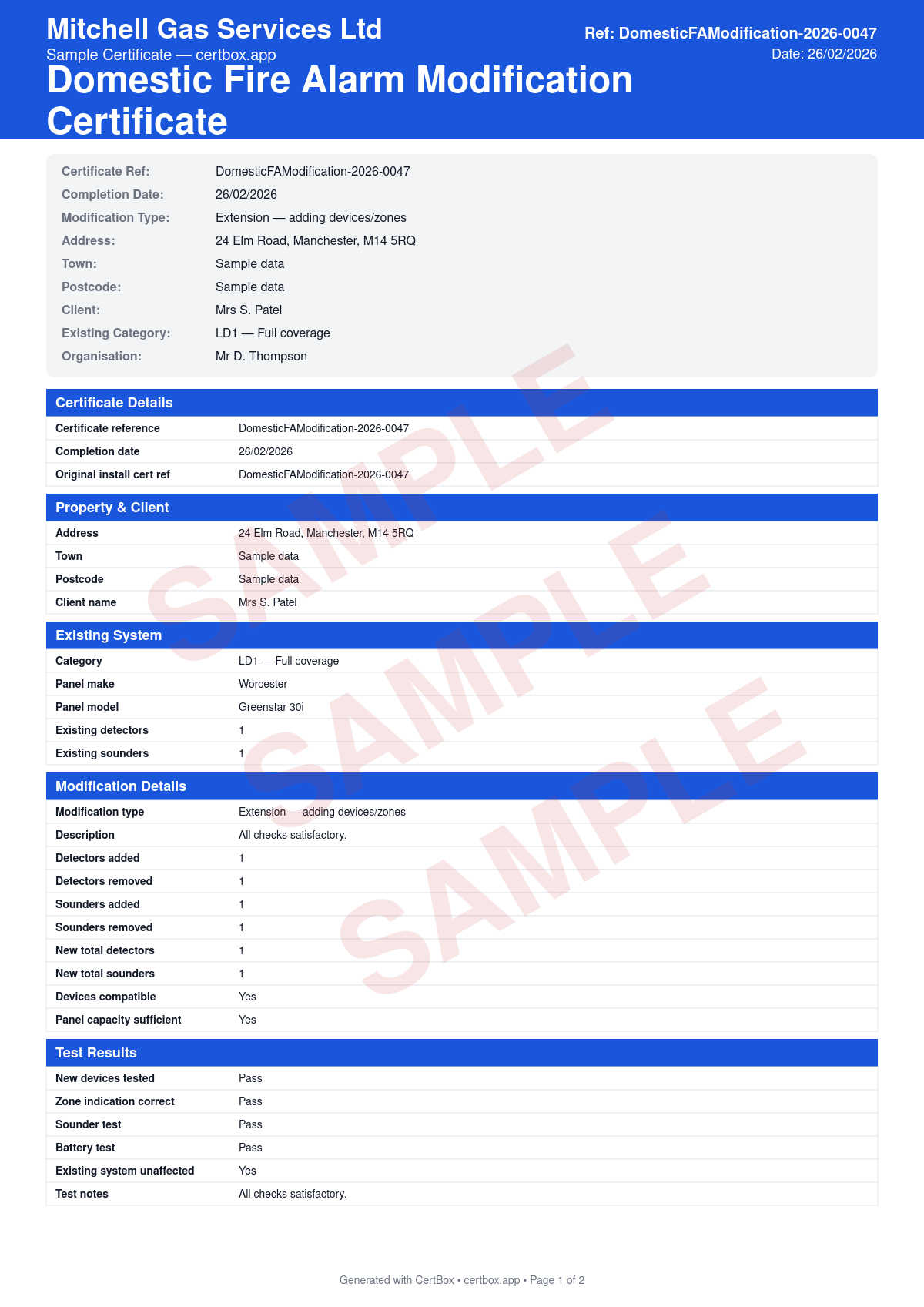 Sample BS 5839-6 Domestic Fire Alarm Modification Certificate (Grade A) certificate created with CertBox, showing the professional PDF layout with existing system details, modification scope and reason, device additions/removals