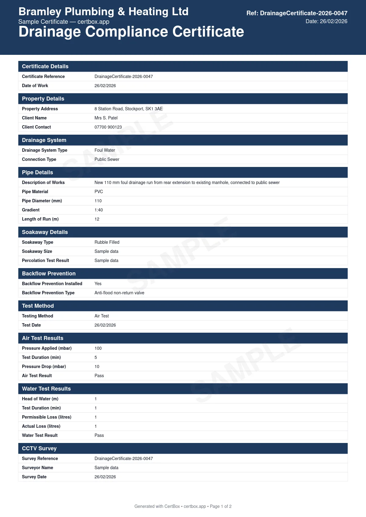 Sample Drainage Compliance Certificate certificate created with CertBox, showing the professional PDF layout with drainage system layout and connections, pipe sizing and gradients, inspection chamber and manhole details
