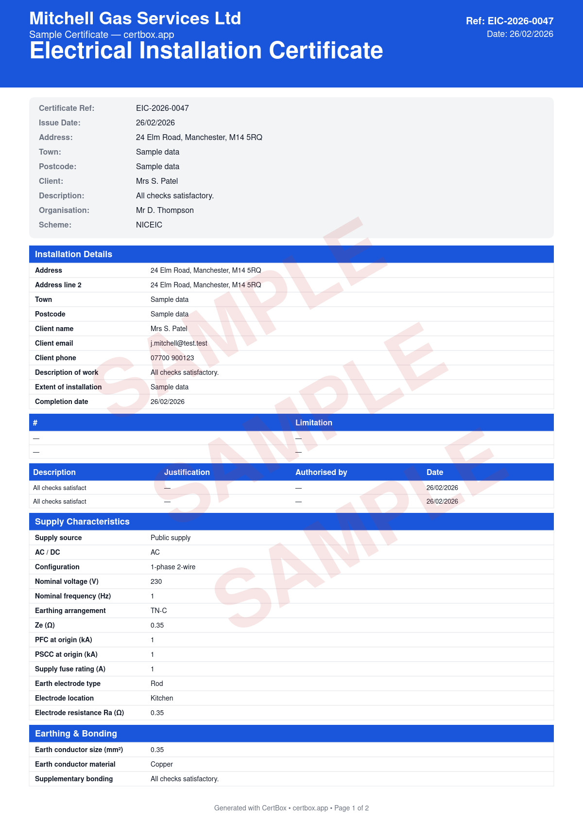 Sample Electrical Installation Certificate (EIC) certificate created with CertBox, showing the professional PDF layout with details of the electrical installation and circuits, design, construction, and inspection verification, schedule of test results (zs, insulation resistance, rcd trip times)