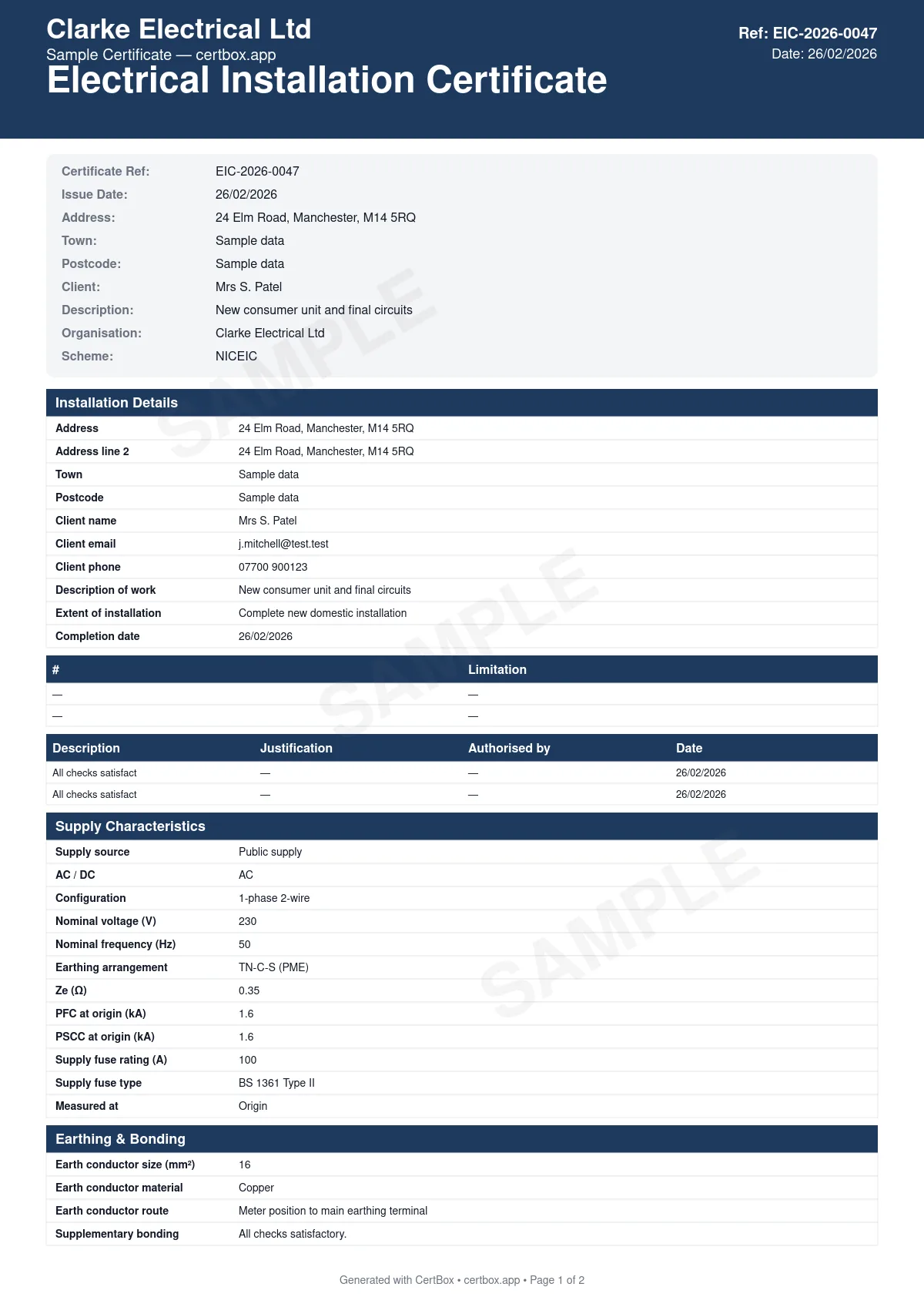 Sample Electrical Installation Certificate (EIC) certificate created with CertBox, showing the professional PDF layout with details of the electrical installation and circuits, design, construction, and inspection verification, schedule of test results (zs, insulation resistance, rcd trip times)