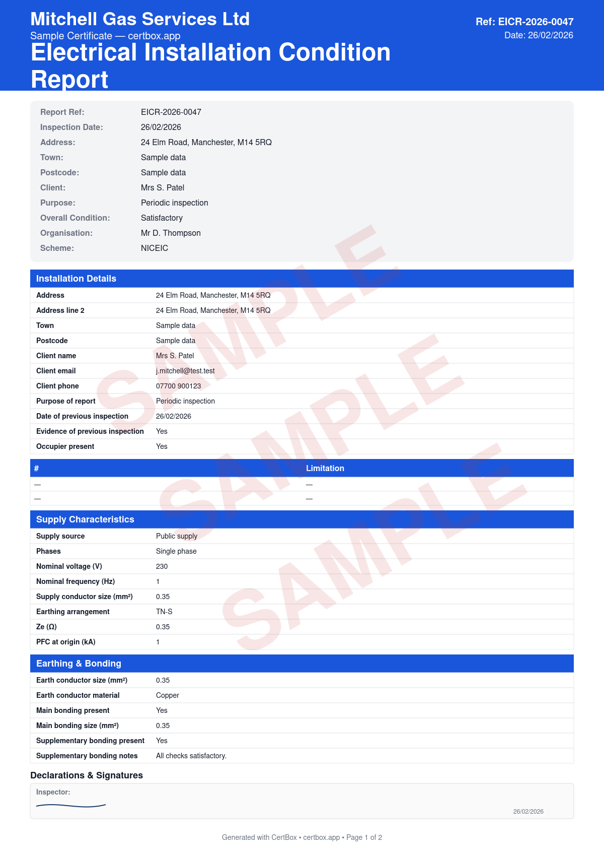 Sample Electrical Installation Condition Report (EICR) certificate created with CertBox, showing the professional PDF layout with visual inspection of the electrical installation, testing of every circuit (zs, insulation resistance, rcd), identification of defects with classification codes (c1, c2, c3, fi)