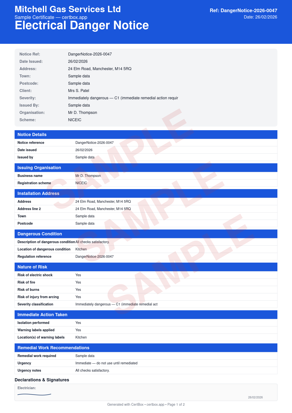 Sample Electrical Danger Notice certificate created with CertBox, showing the professional PDF layout with description and location of danger, nature of risk (shock/fire/burns), severity classification