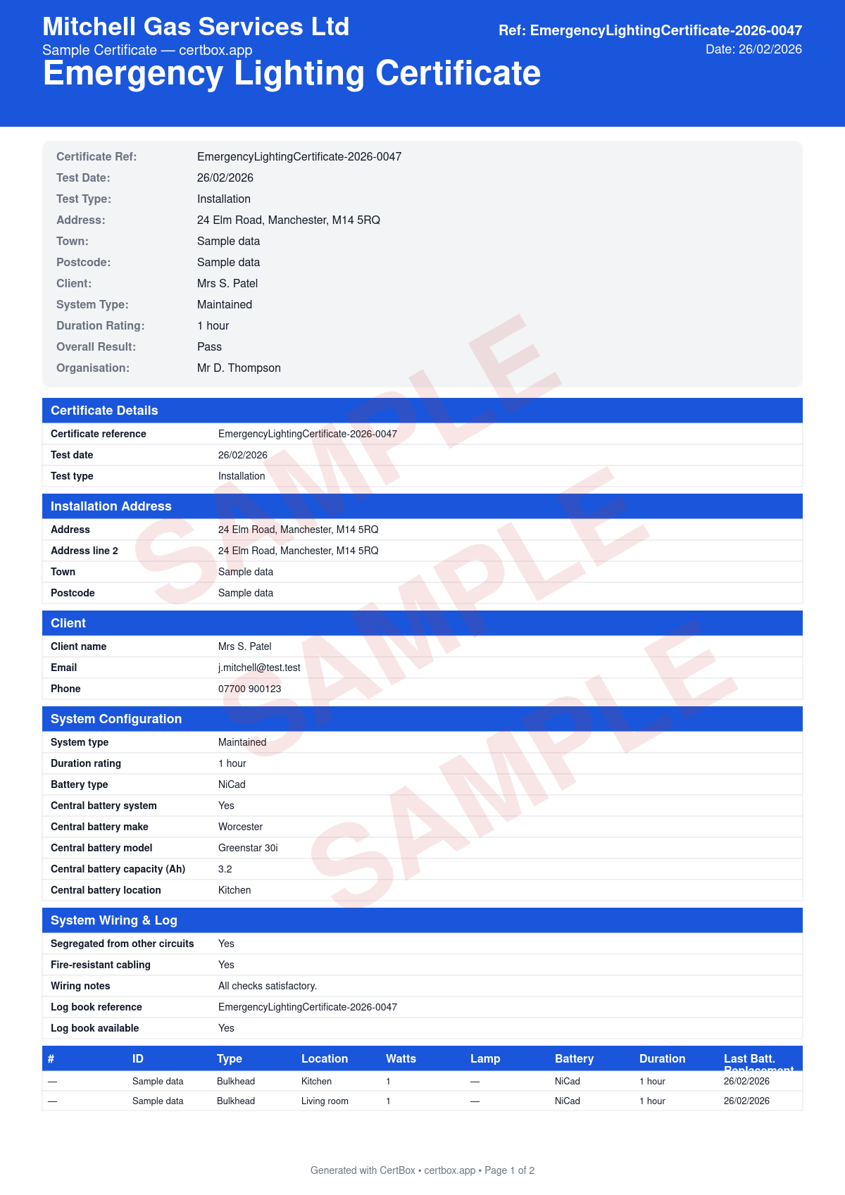 Sample Emergency Lighting Certificate certificate created with CertBox, showing the professional PDF layout with system type (maintained, non-maintained, sustained), luminaire locations and coverage, duration test results (1-hour or 3-hour)