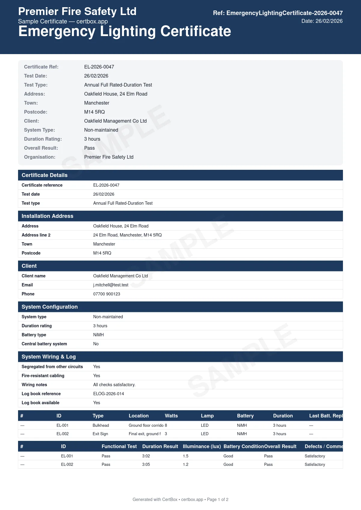 Sample Emergency Lighting Certificate certificate created with CertBox, showing the professional PDF layout with system type (maintained, non-maintained, sustained), luminaire locations and coverage, duration test results (1-hour or 3-hour)