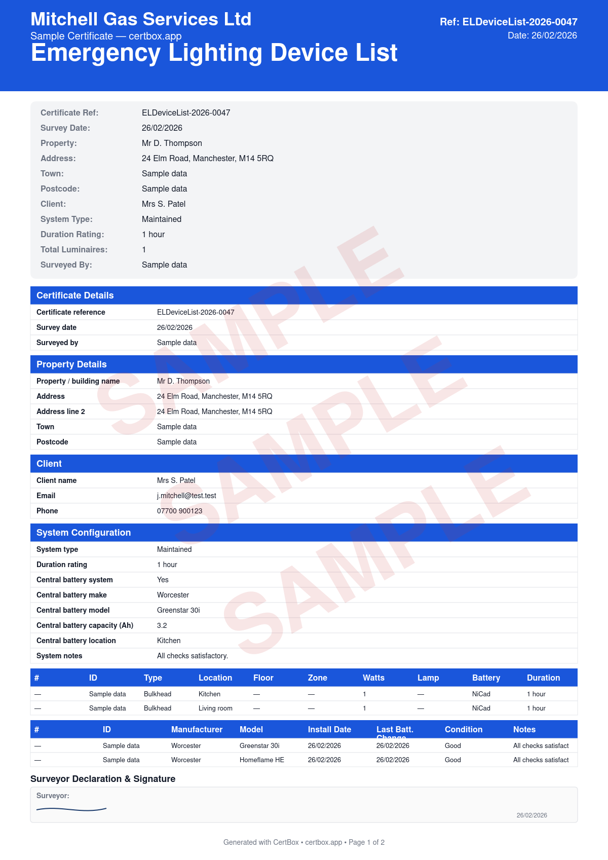 Sample Emergency Lighting Device List certificate created with CertBox, showing the professional PDF layout with luminaire id, type, and location, battery type and duration rating, manufacturer and model