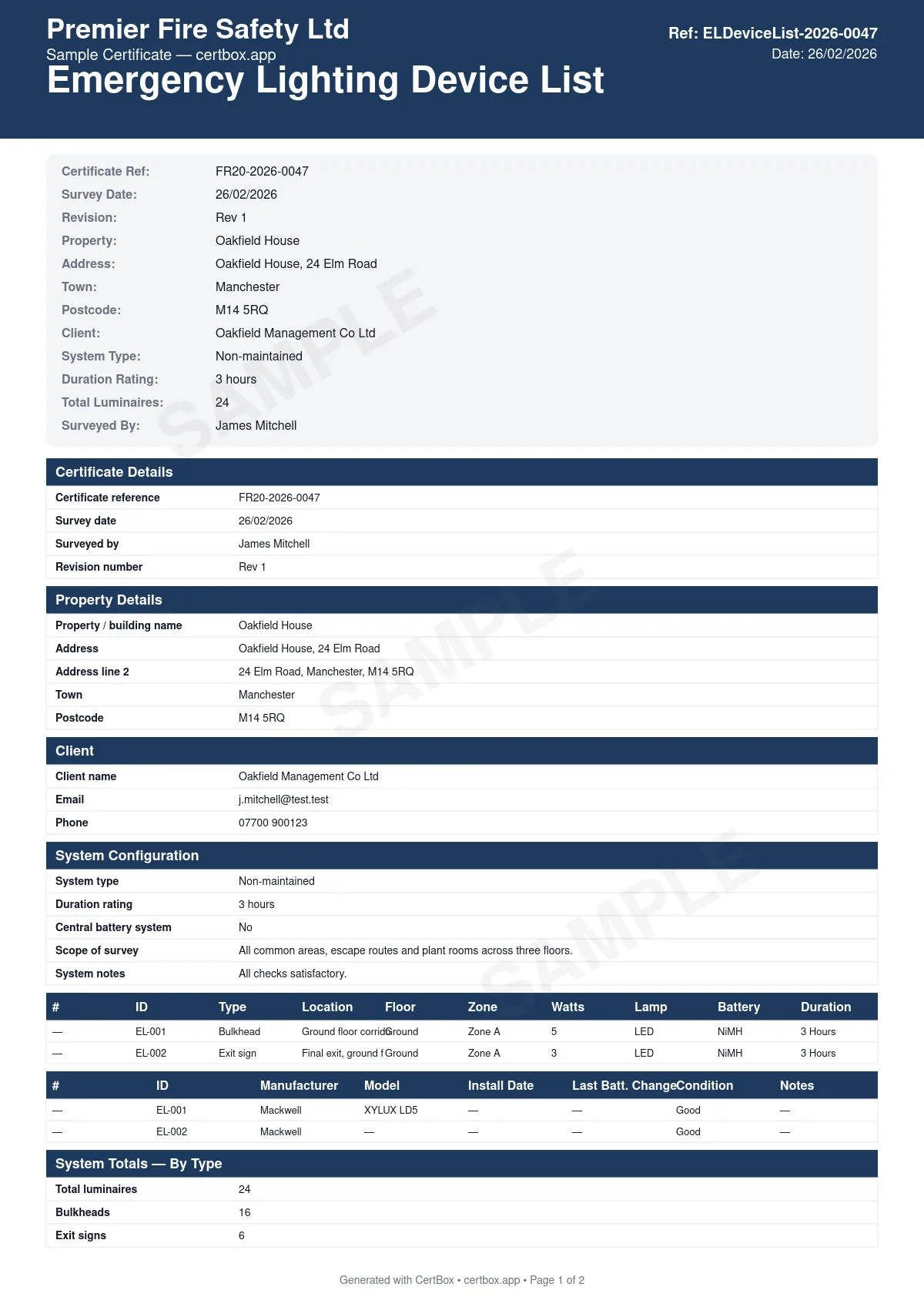 Sample Emergency Lighting Device List certificate created with CertBox, showing the professional PDF layout with luminaire id, type, and location, battery type and duration rating, manufacturer and model