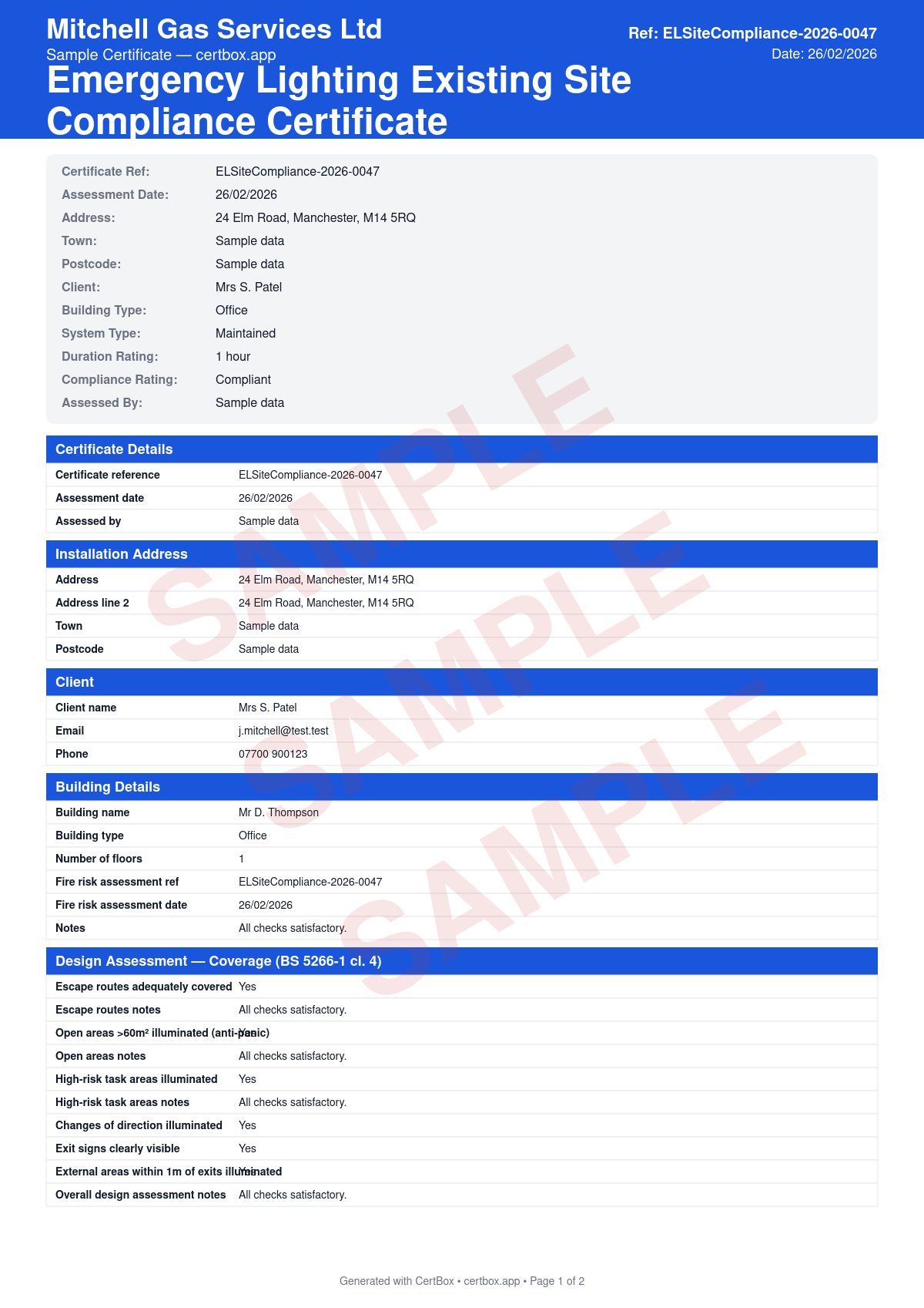 Sample Emergency Lighting Existing Site Compliance Certificate certificate created with CertBox, showing the professional PDF layout with escape route coverage assessment, open area and high-risk task area coverage, exit sign visibility