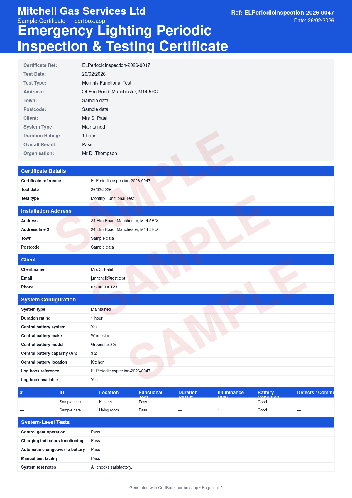 Sample Emergency Lighting Periodic Inspection & Testing Certificate certificate created with CertBox, showing the professional PDF layout with test type (monthly/annual/3-yearly), individual luminaire test results, duration test results