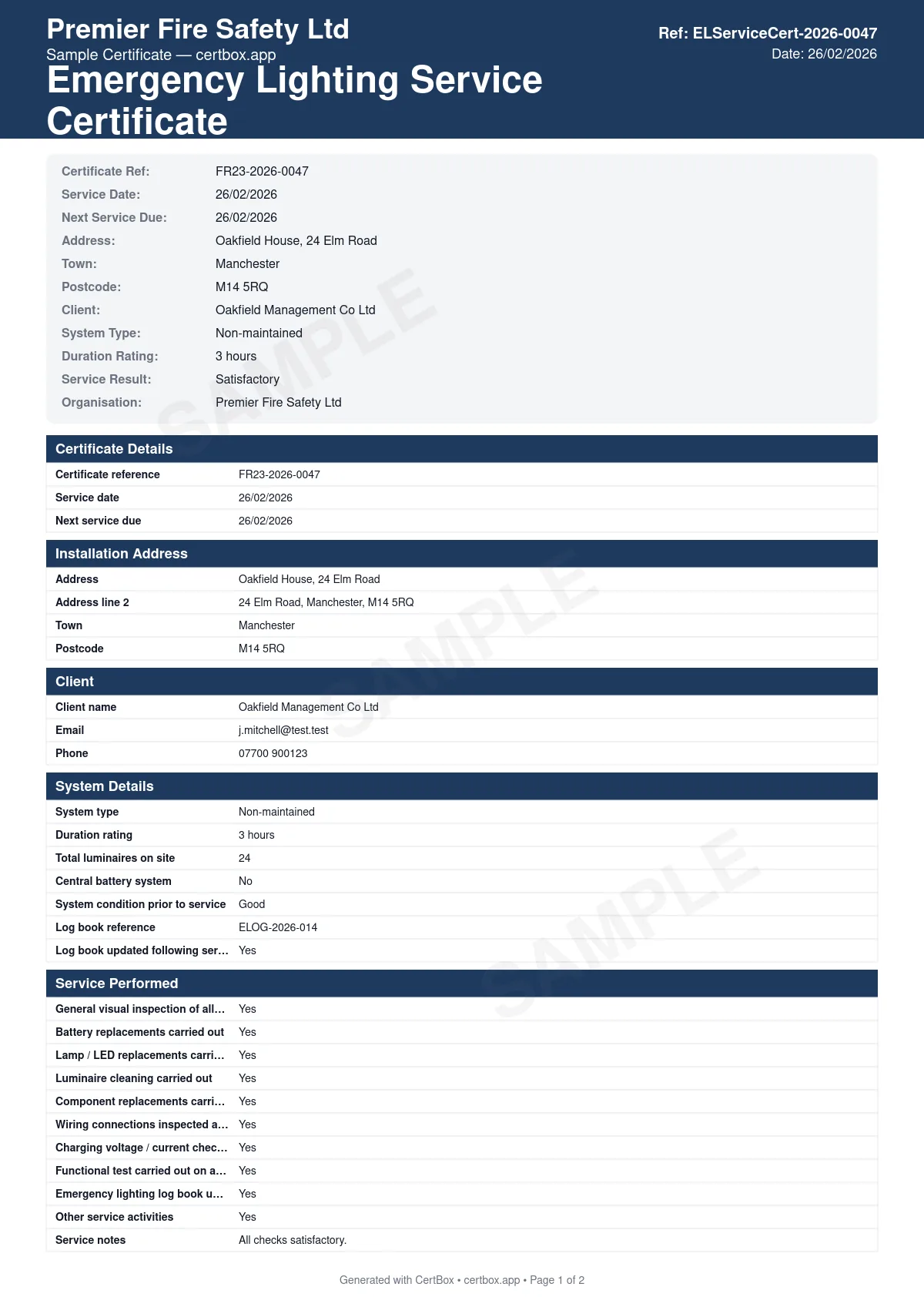 Sample Emergency Lighting Service Certificate certificate created with CertBox, showing the professional PDF layout with service tasks performed, battery replacements with dates, lamp and component replacements