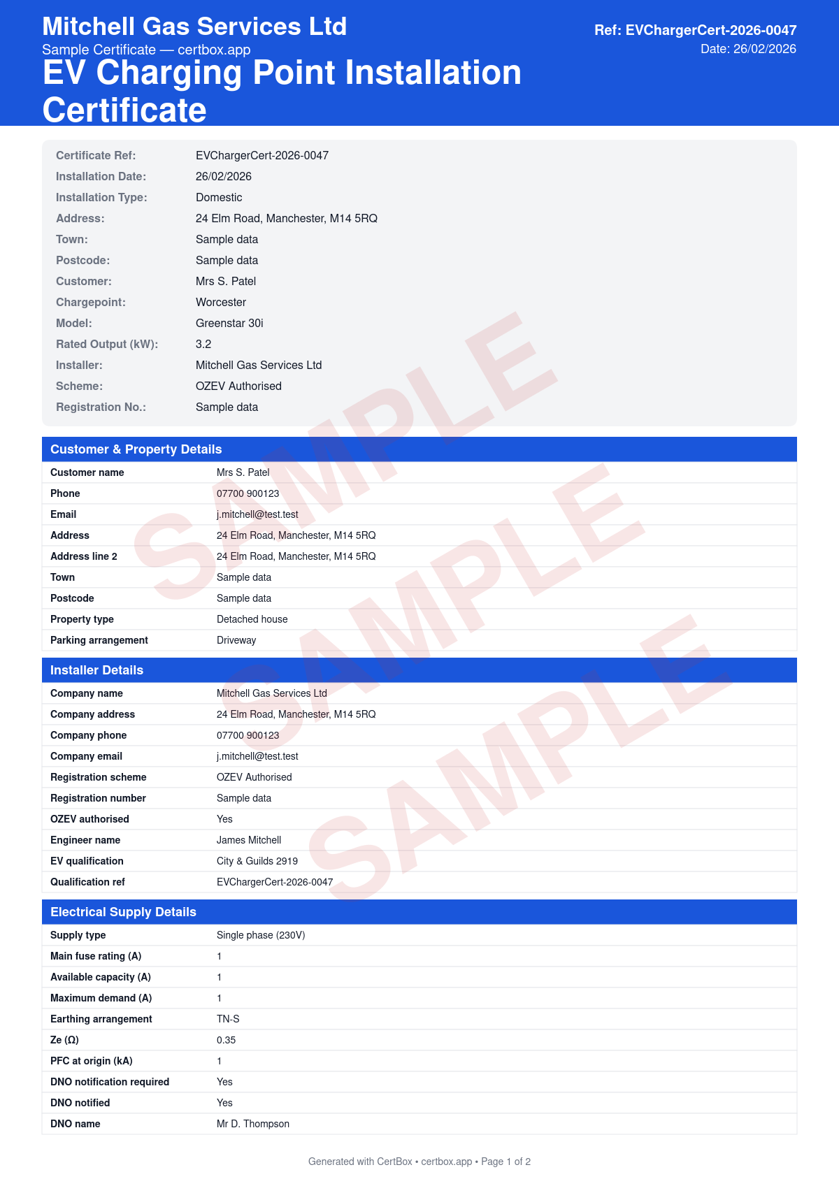 Sample EV Charging Point Installation Certificate certificate created with CertBox, showing the professional PDF layout with charger make, model and serial number, supply type and protective device ratings, earthing and bonding arrangements