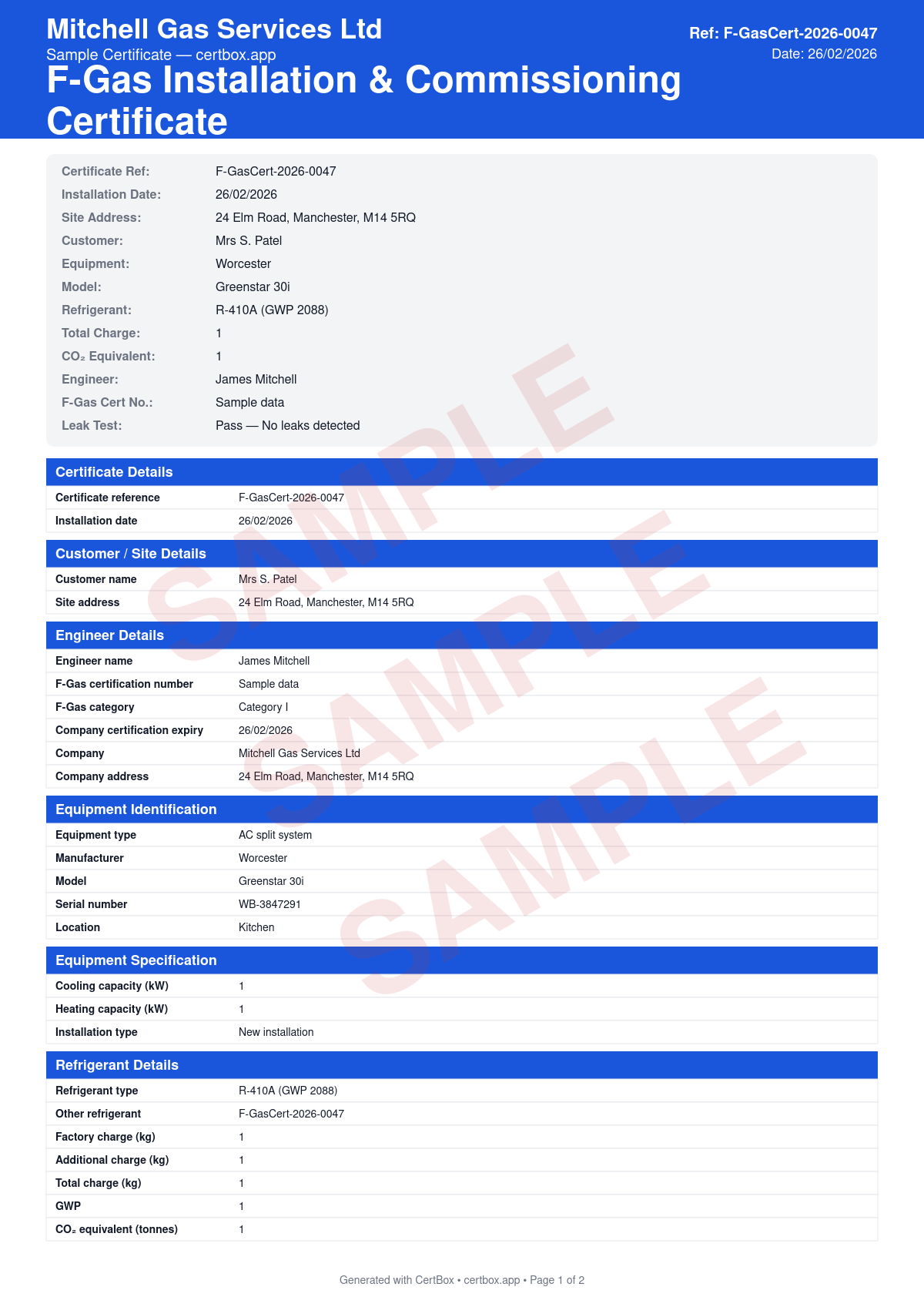 Sample F-Gas Installation & Commissioning Certificate certificate created with CertBox, showing the professional PDF layout with refrigerant type and gwp, charge quantity (kg and tco2e), leak testing results