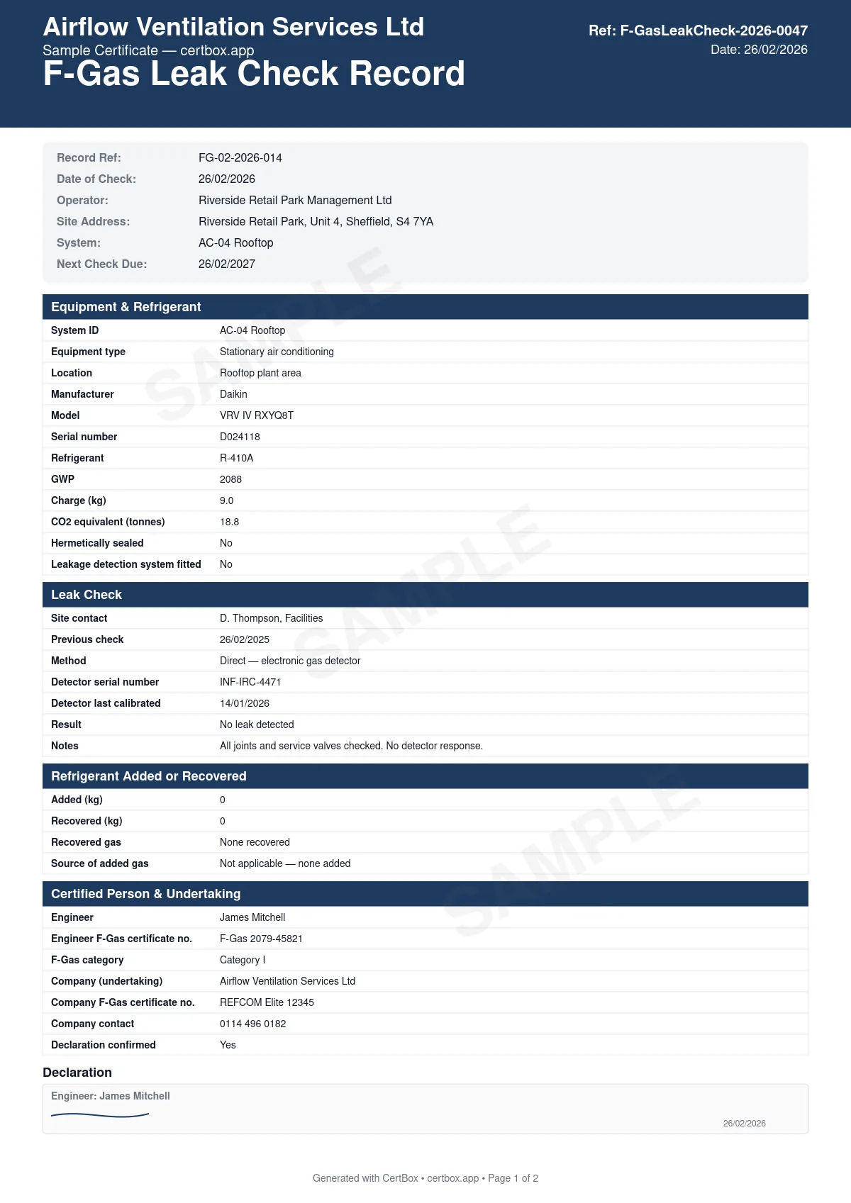 Sample F-Gas Leak Check Record certificate created with CertBox, showing the professional PDF layout with refrigerant type, gwp and charge, co2 equivalent and the leak check interval owed, check method and result