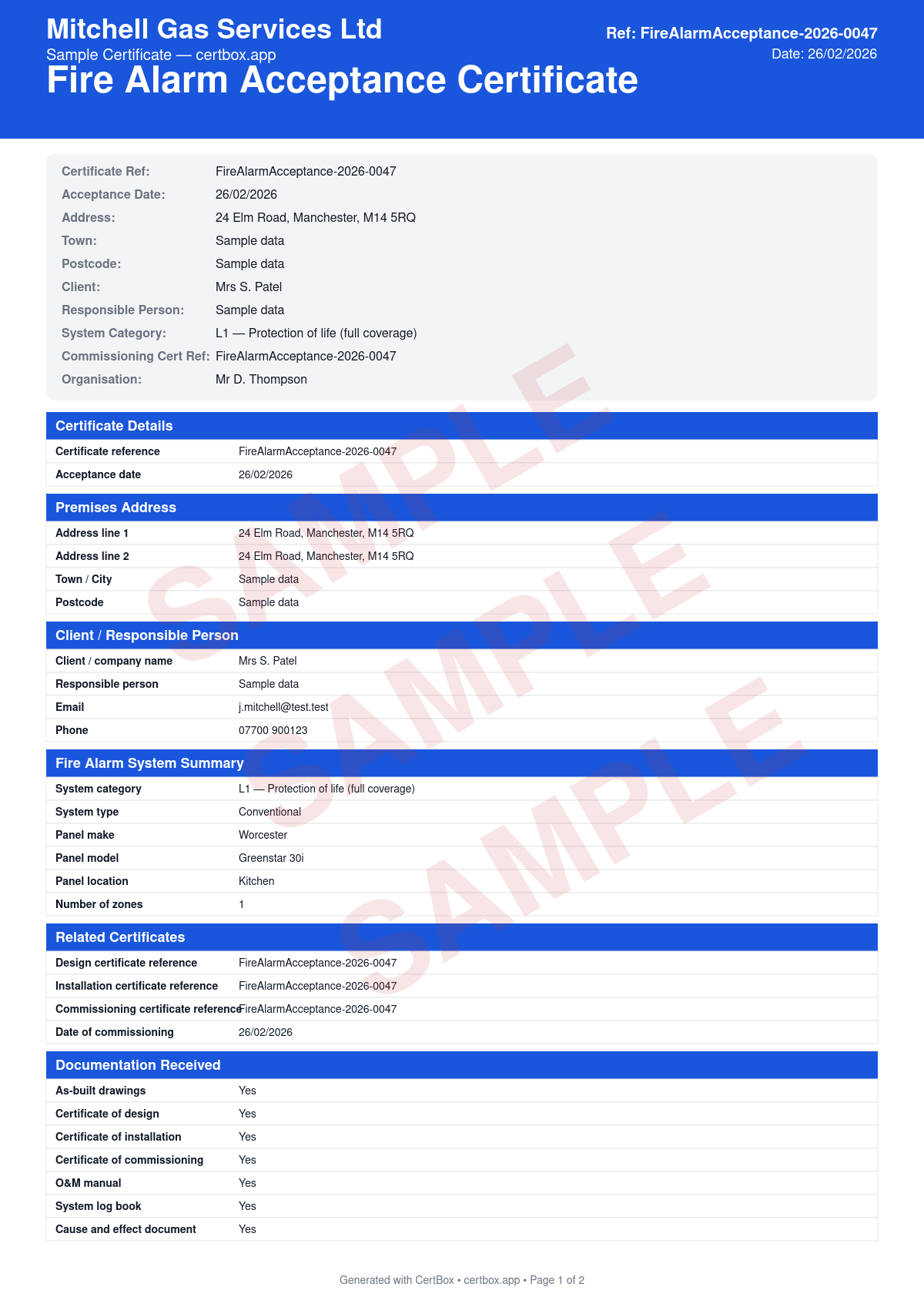 Sample Fire Alarm Acceptance Certificate (BS 5839-1) certificate created with CertBox, showing the professional PDF layout with documentation handover checklist, system demonstration confirmation, user training records