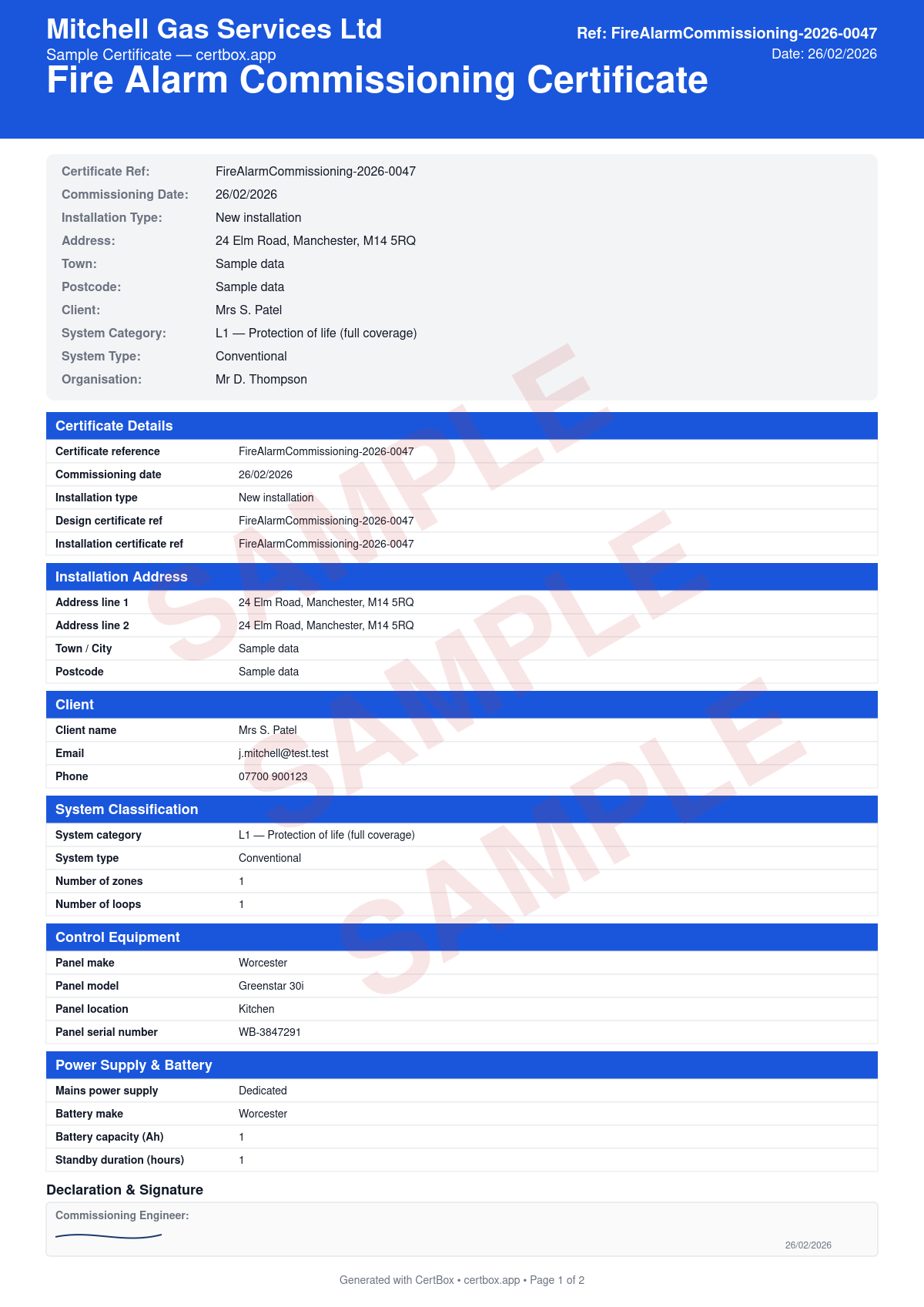 Sample Fire Alarm Commissioning Certificate (BS 5839-1) certificate created with CertBox, showing the professional PDF layout with individual device activation tests, sounder db measurements per area, battery standby and alarm duration