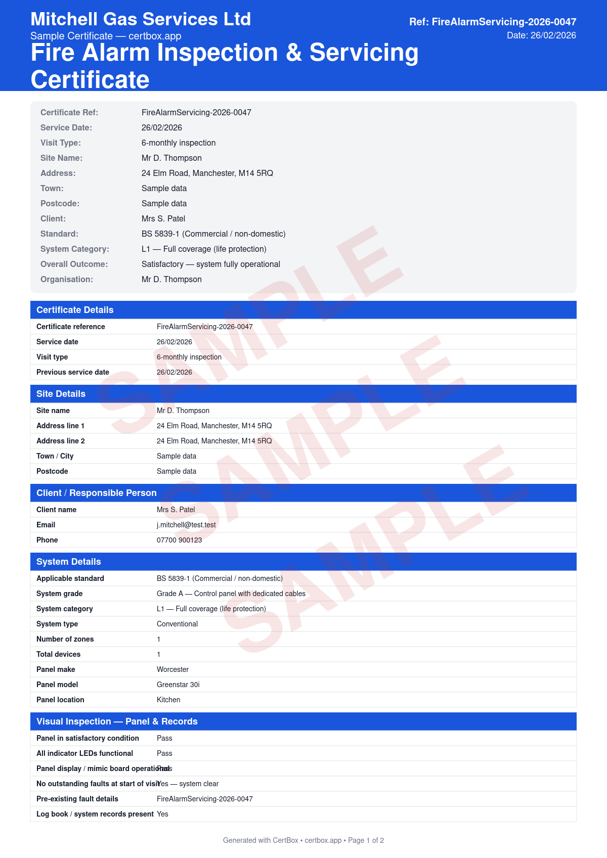 Sample Fire Alarm Inspection & Servicing Certificate certificate created with CertBox, showing the professional PDF layout with visual inspection of panel and devices, functional testing per zone, battery voltage and condition