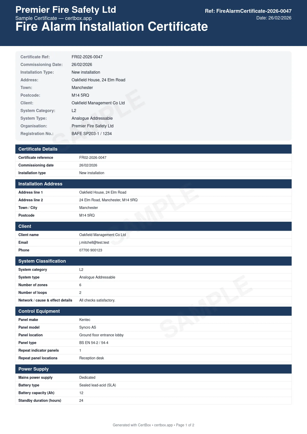 Sample Fire Alarm Installation Certificate certificate created with CertBox, showing the professional PDF layout with system type and category (l1, l2, l3, ld1, ld2, ld3), zone and device layout, detector and sounder locations