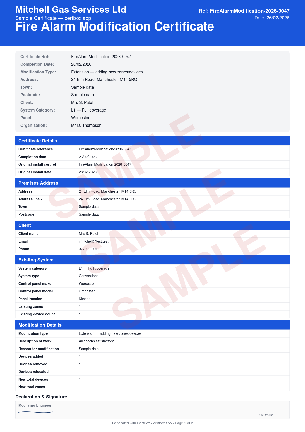Sample Fire Alarm Modification Certificate (BS 5839-1) certificate created with CertBox, showing the professional PDF layout with existing system details, modification scope and device changes, compatibility confirmation