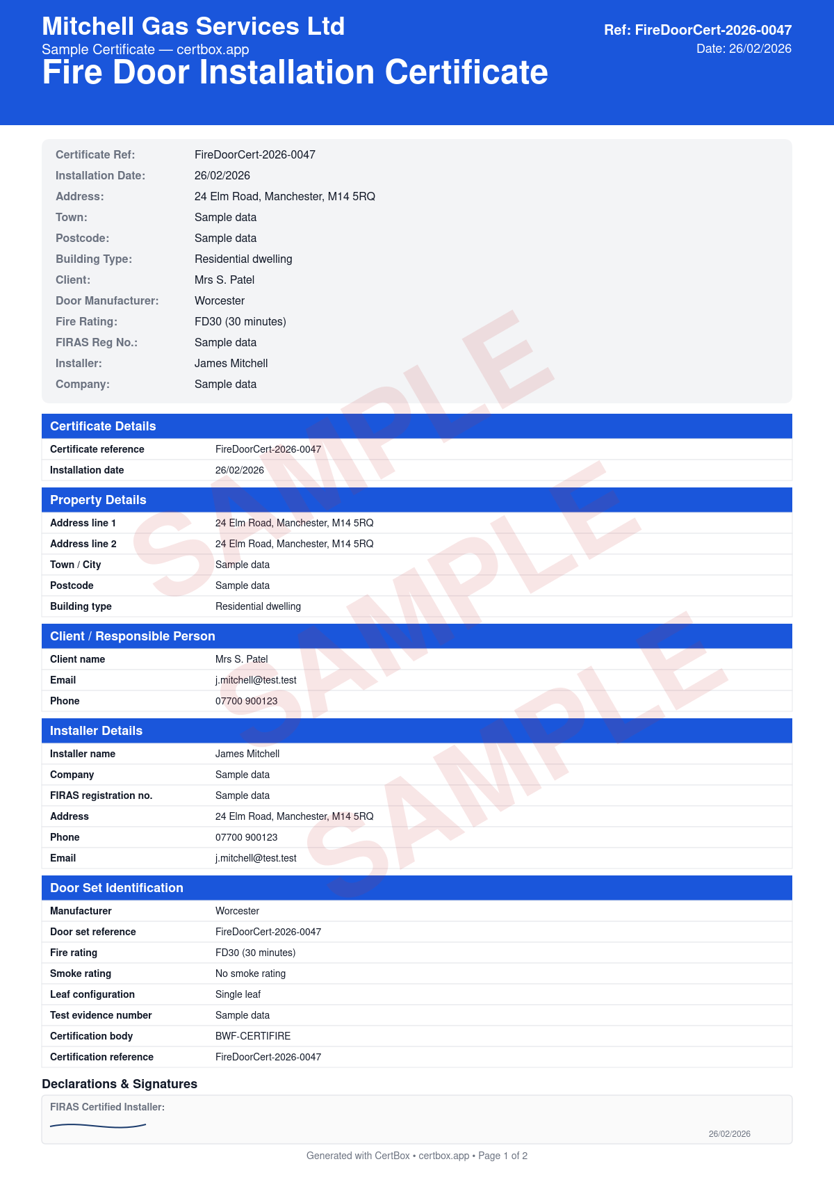 Sample Fire Door Installation Certificate certificate created with CertBox, showing the professional PDF layout with door leaf condition and fire rating, frame installation and gaps (3mm max), intumescent strips and smoke seals