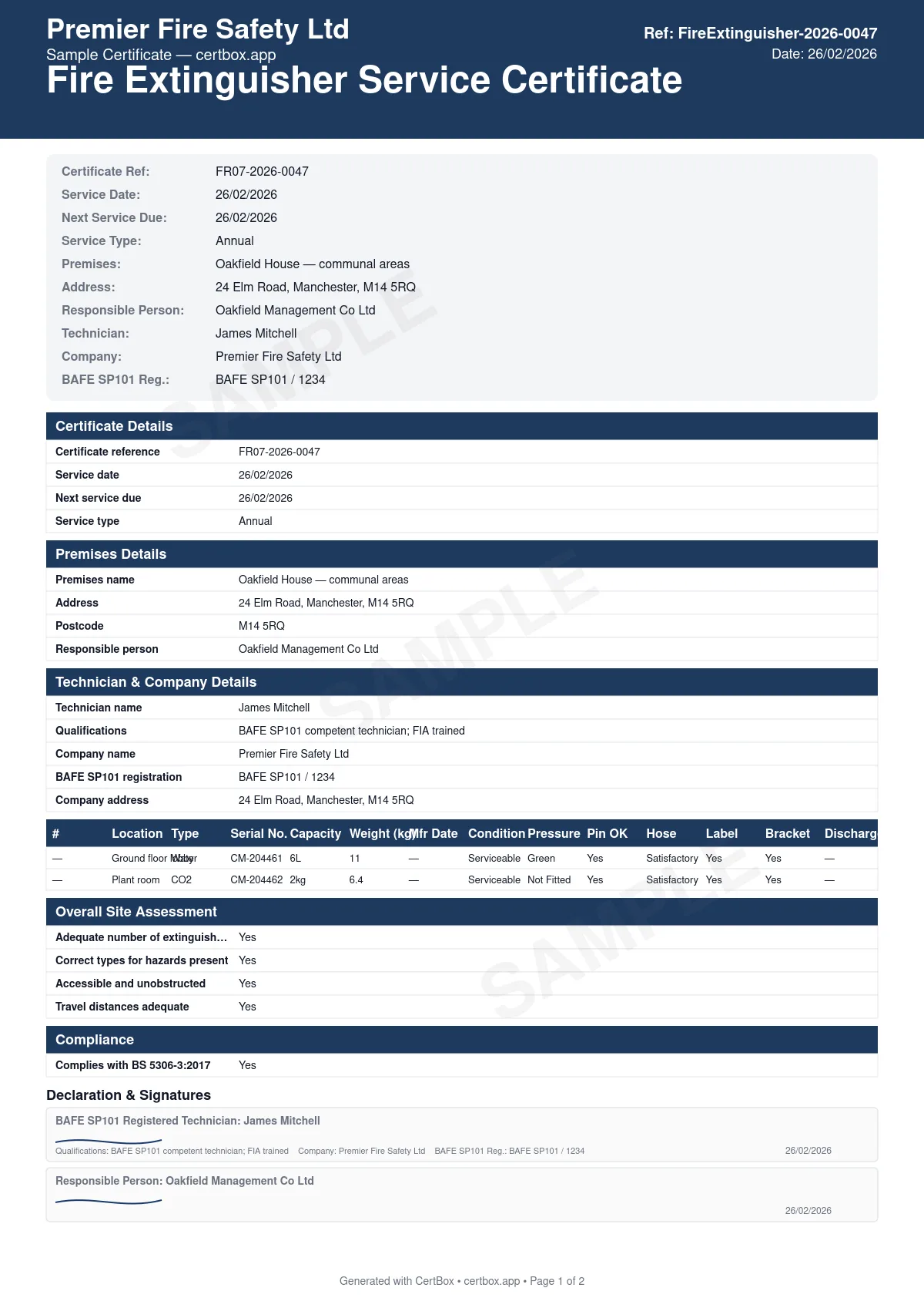 Sample Fire Extinguisher Service Certificate certificate created with CertBox, showing the professional PDF layout with extinguisher type, size, and location, pressure gauge reading, condition of body, hose, and nozzle