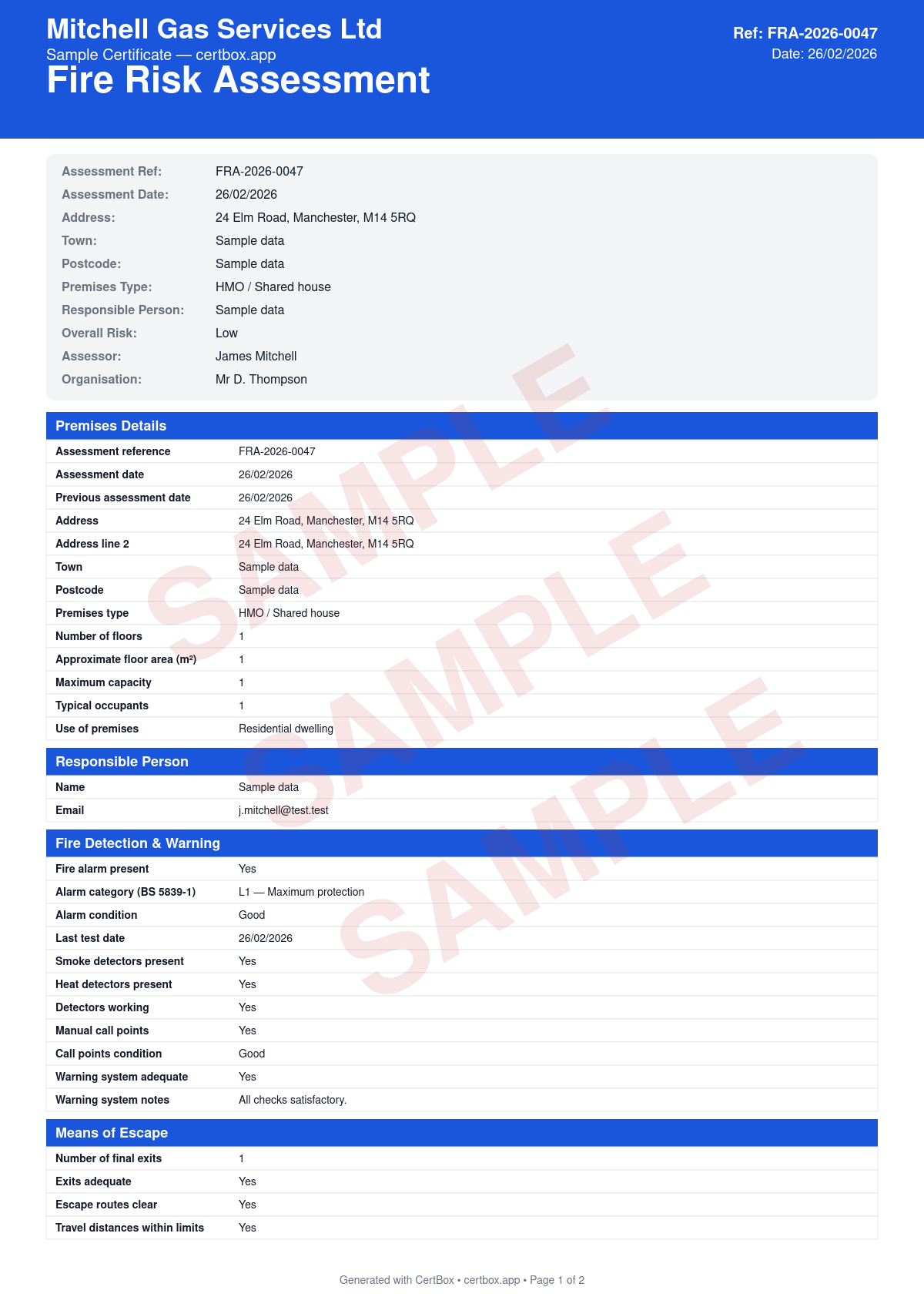 Sample Fire Risk Assessment certificate created with CertBox, showing the professional PDF layout with fire hazard identification, people at risk assessment, fire detection and warning systems