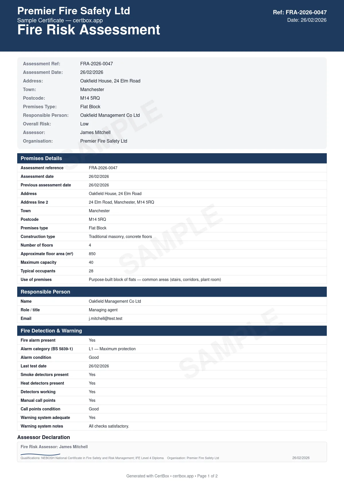 Sample Fire Risk Assessment certificate created with CertBox, showing the professional PDF layout with fire hazard identification, people at risk assessment, fire detection and warning systems