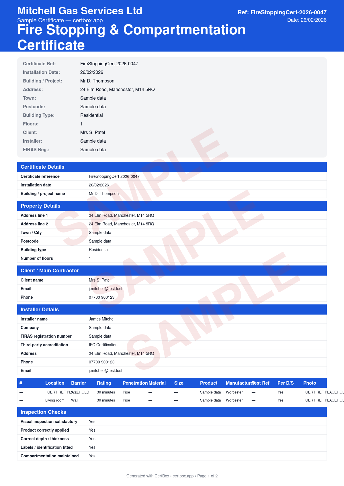 Sample Fire Stopping & Compartmentation Certificate certificate created with CertBox, showing the professional PDF layout with location of each fire stop, penetration type (pipe, cable, duct, mixed), fire stopping product used and manufacturer