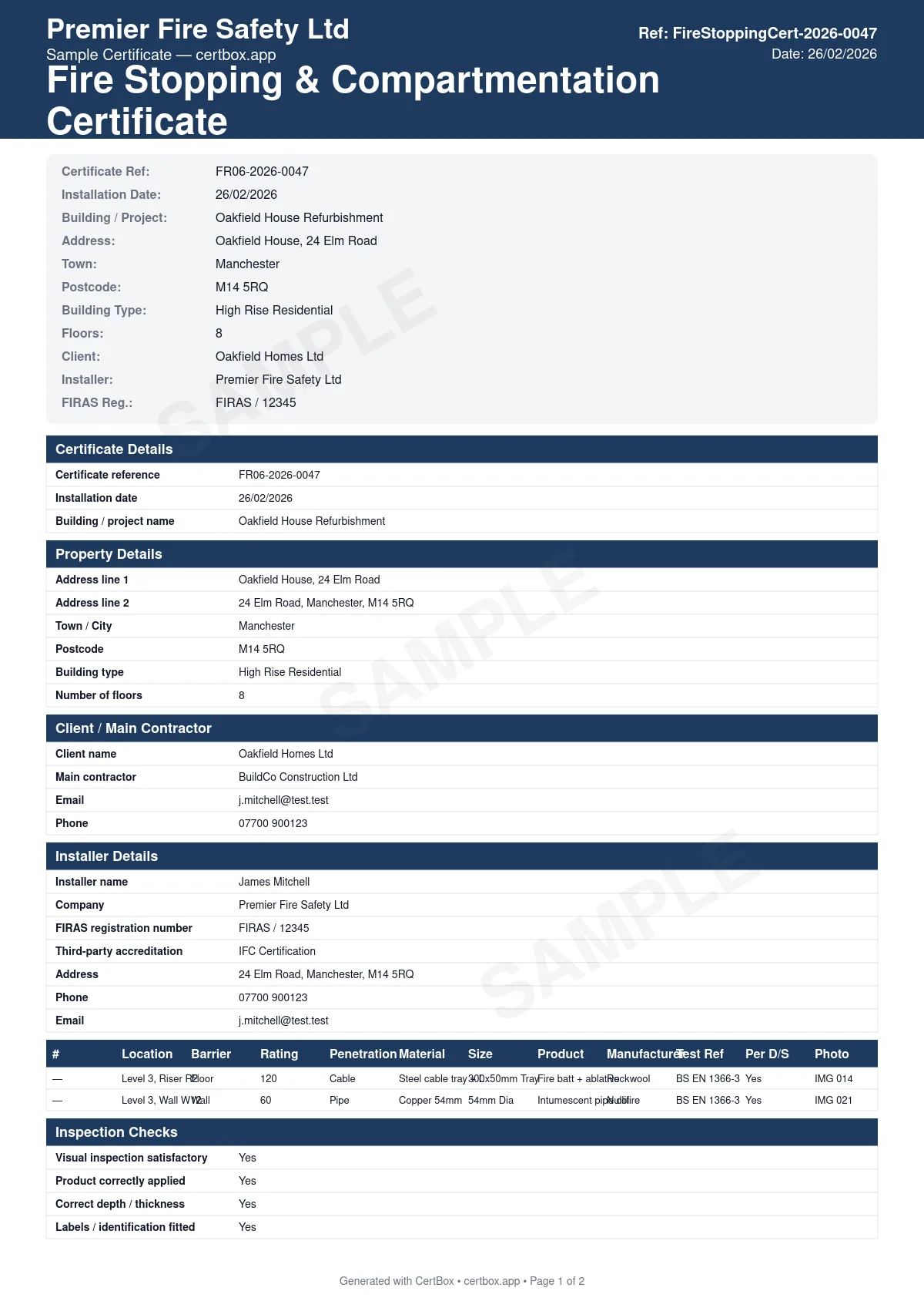 Sample Fire Stopping & Compartmentation Certificate certificate created with CertBox, showing the professional PDF layout with location of each fire stop, penetration type (pipe, cable, duct, mixed), fire stopping product used and manufacturer