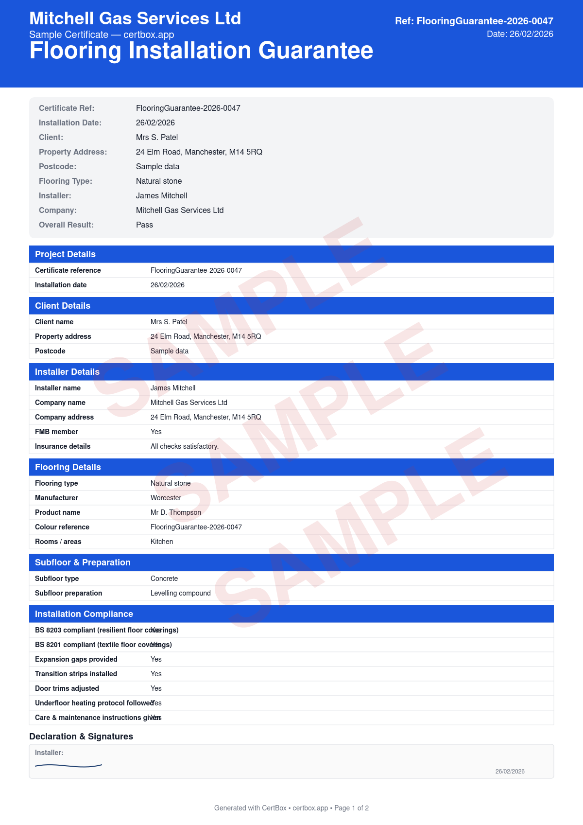 Sample Flooring Installation Guarantee certificate created with CertBox, showing the professional PDF layout with flooring type, manufacturer, and product, subfloor type and moisture readings, subfloor preparation method