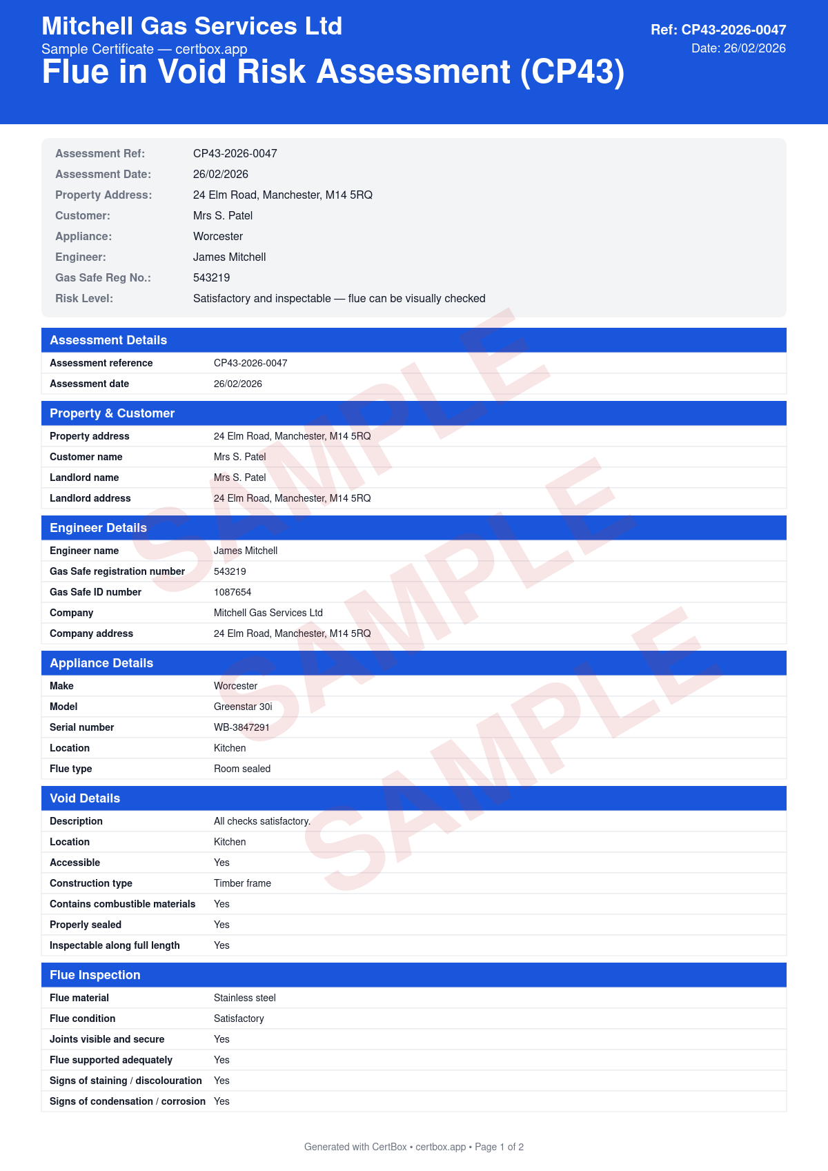 Sample Flue in Void Risk Assessment (CP43) certificate created with CertBox, showing the professional PDF layout with flue route identification through voids, joint accessibility assessment, risk classification (high, medium, low)