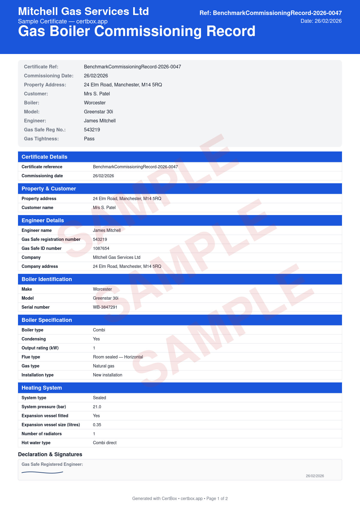 Sample Gas Boiler Commissioning Record (Benchmark) certificate created with CertBox, showing the professional PDF layout with boiler model, serial number, and gc number, gas supply pressure and burner pressure readings, flue system type, route, and termination position