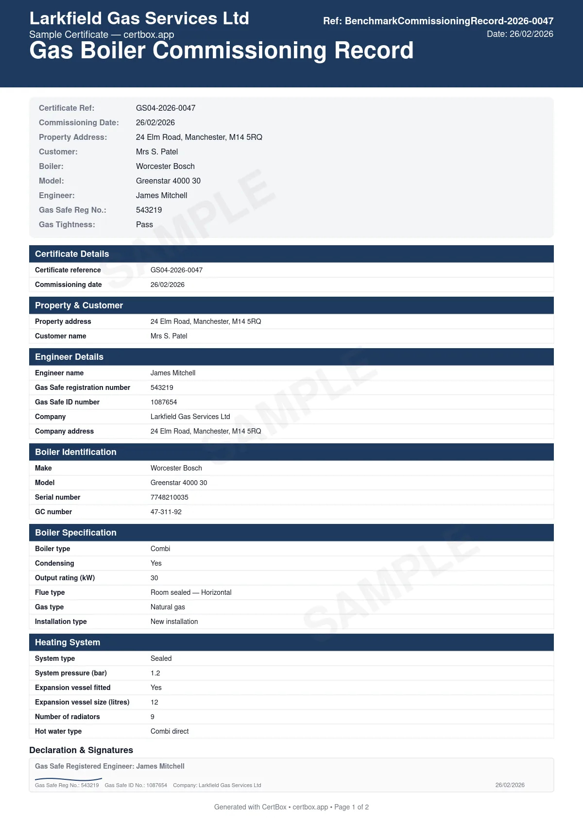 Sample Gas Boiler Commissioning Record (Benchmark) certificate created with CertBox, showing the professional PDF layout with boiler model, serial number, and gc number, gas supply pressure and burner pressure readings, flue system type, route, and termination position
