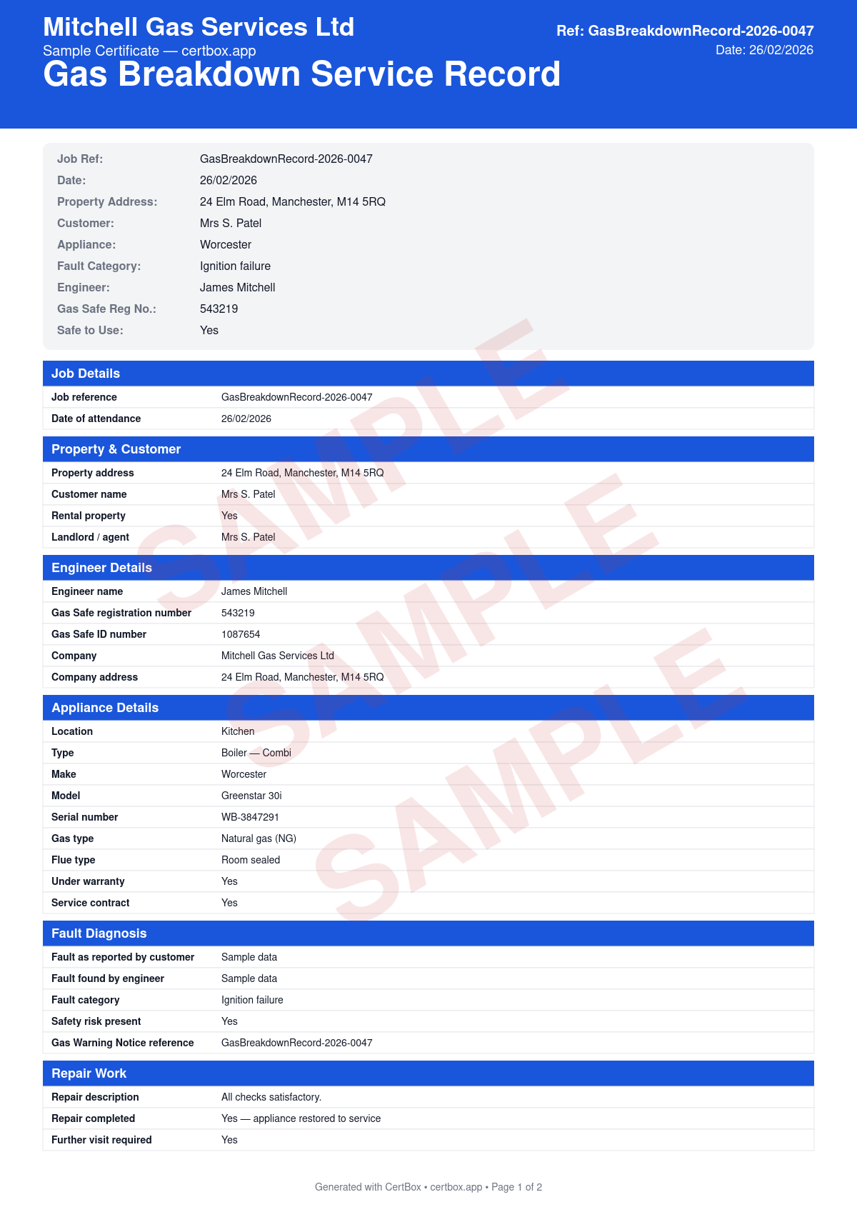 Sample Gas Breakdown Service Record certificate created with CertBox, showing the professional PDF layout with appliance details and fault symptoms reported, fault diagnosis and root cause, repair work carried out and parts replaced