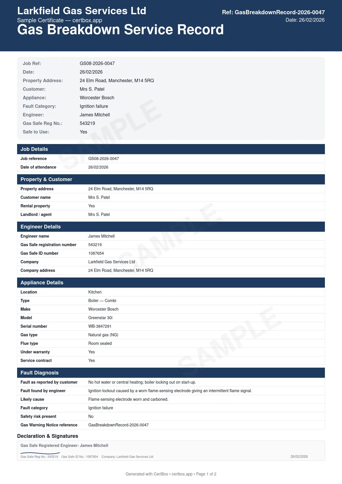 Sample Gas Breakdown Service Record certificate created with CertBox, showing the professional PDF layout with appliance details and fault symptoms reported, fault diagnosis and root cause, repair work carried out and parts replaced