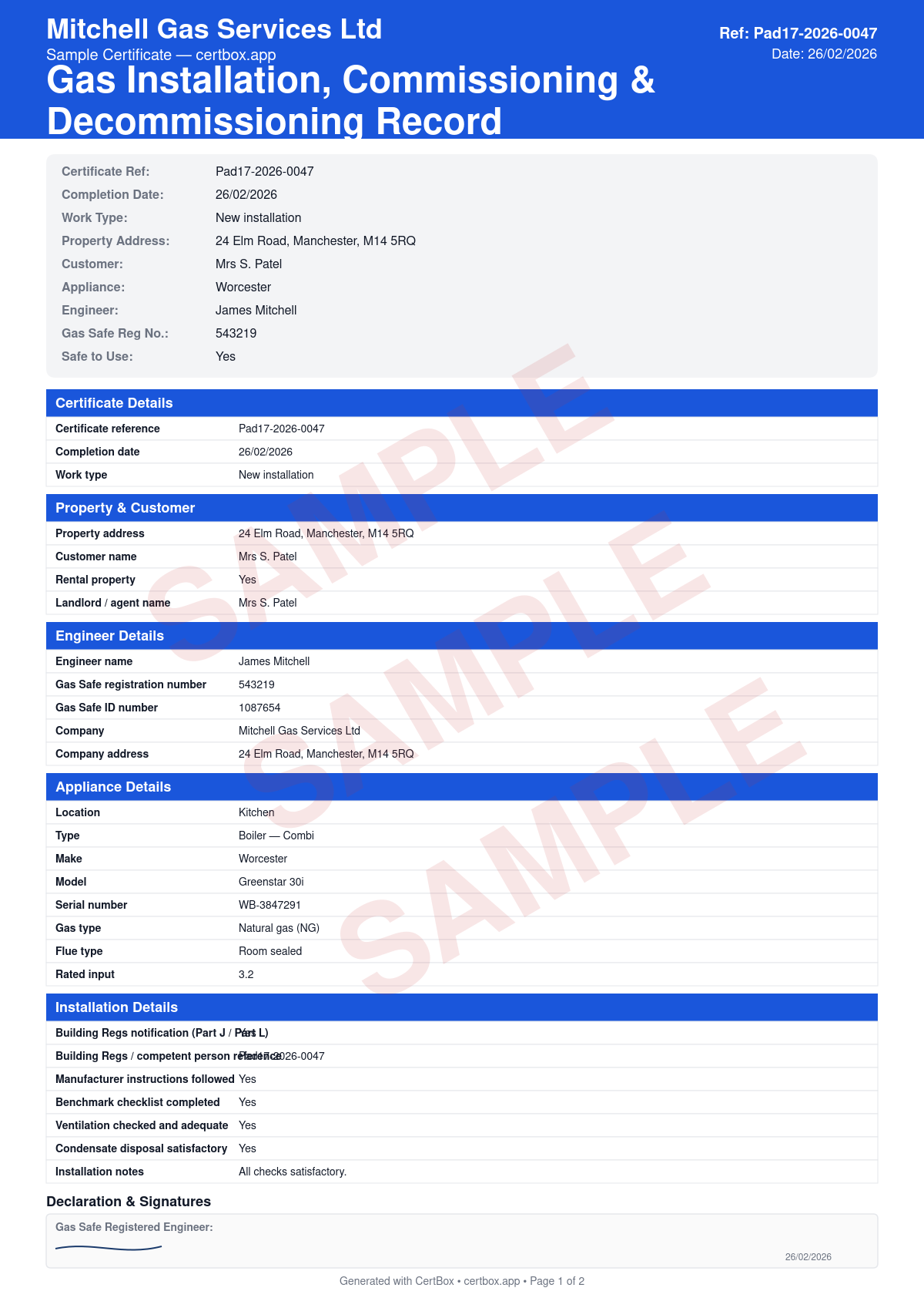 Sample Gas Installation, Commissioning & Decommissioning Record certificate created with CertBox, showing the professional PDF layout with type of work (installation, commissioning, or decommissioning), appliance specification and manufacturer details, gas tightness testing and pipework inspection
