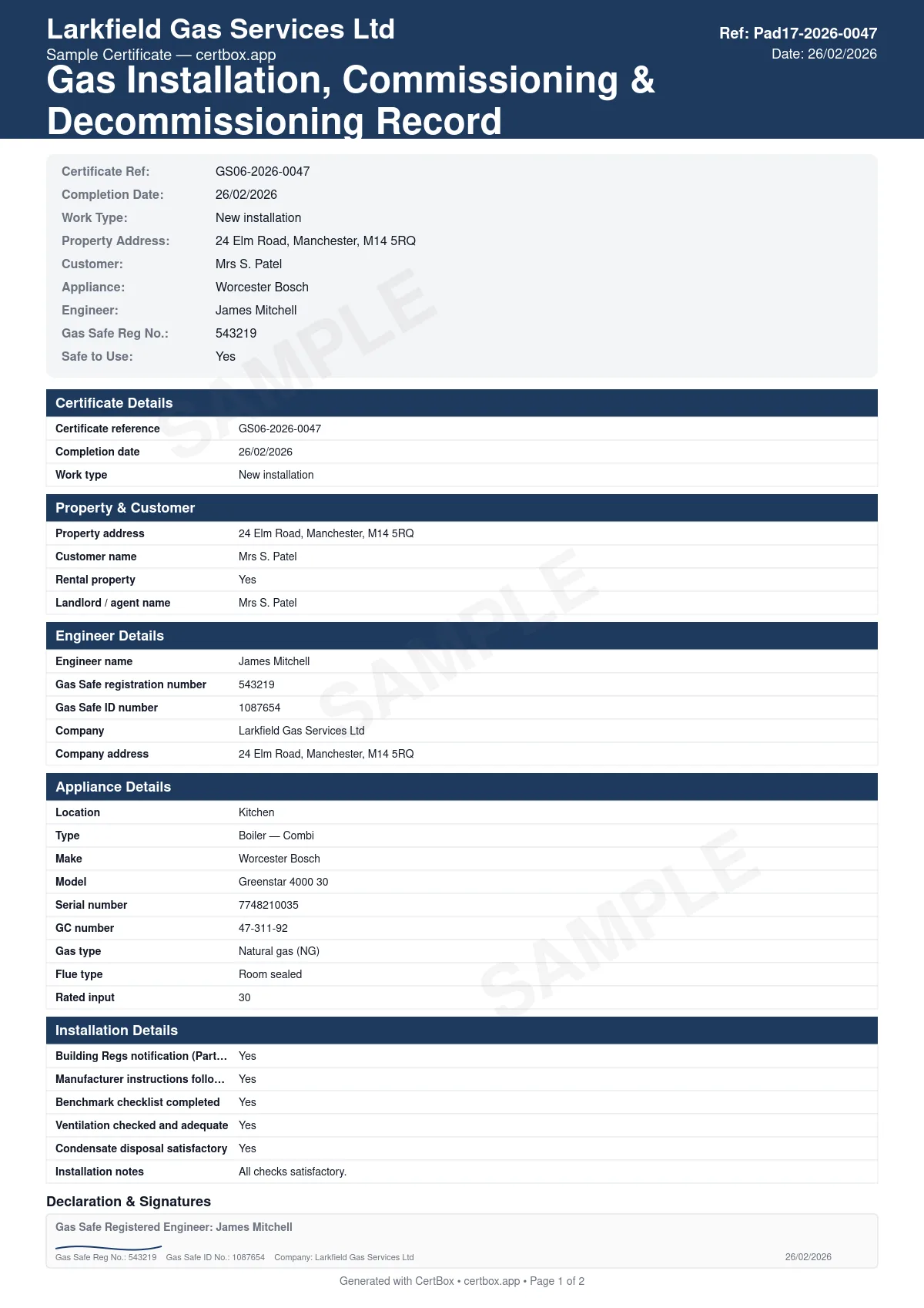 Sample Gas Installation, Commissioning & Decommissioning Record certificate created with CertBox, showing the professional PDF layout with type of work (installation, commissioning, or decommissioning), appliance specification and manufacturer details, gas tightness testing and pipework inspection
