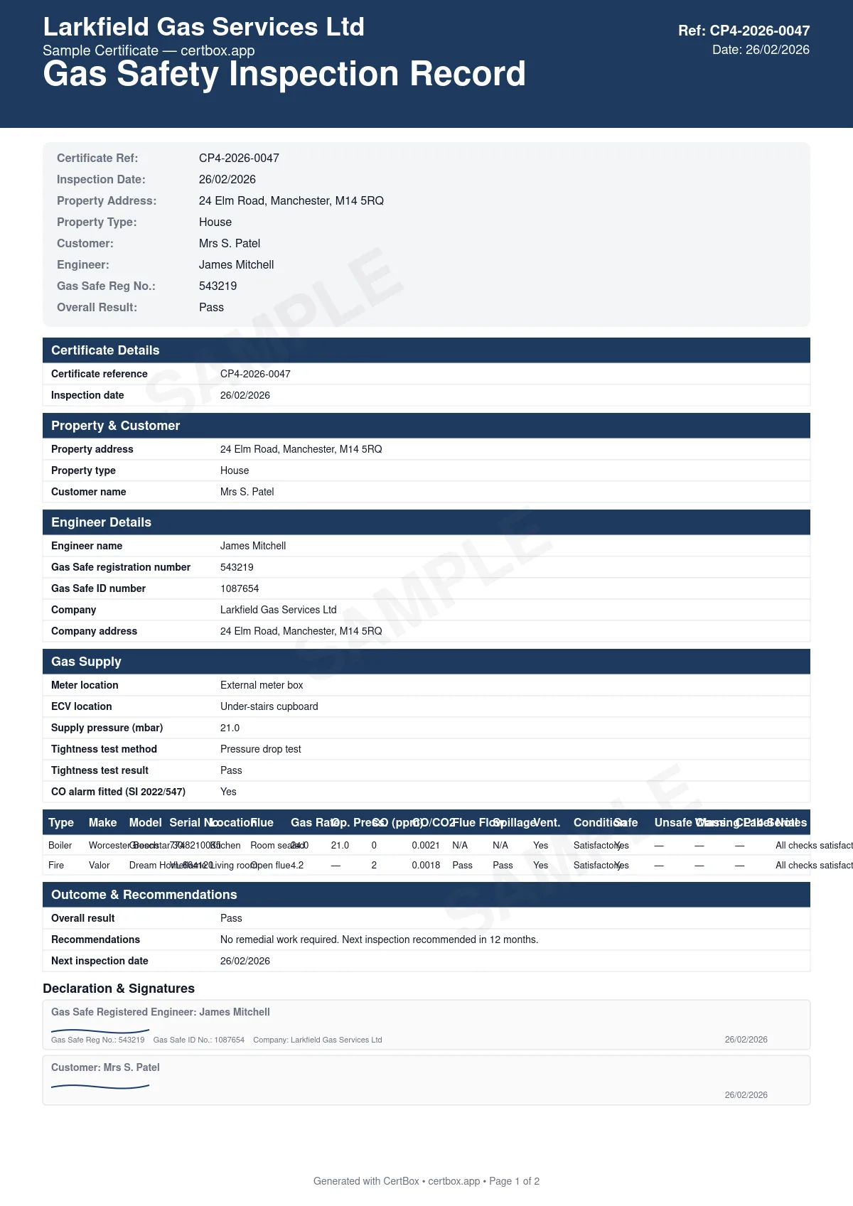 Sample Gas Safety Inspection Record (CP4) certificate created with CertBox, showing the professional PDF layout with gas meter and emergency control valve check, installation pipework tightness test, each appliance safety assessment
