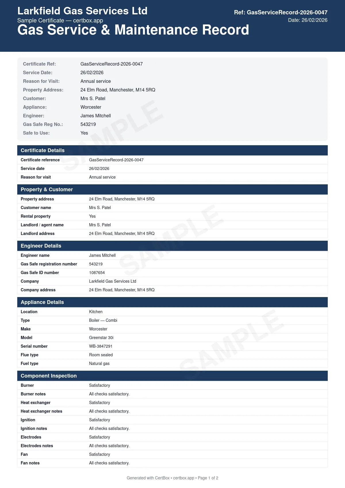 Sample Gas Service & Maintenance Record certificate created with CertBox, showing the professional PDF layout with appliance identification and location, component inspection (burner, heat exchanger, ignition, electrodes, fan, pcb), gas tightness test