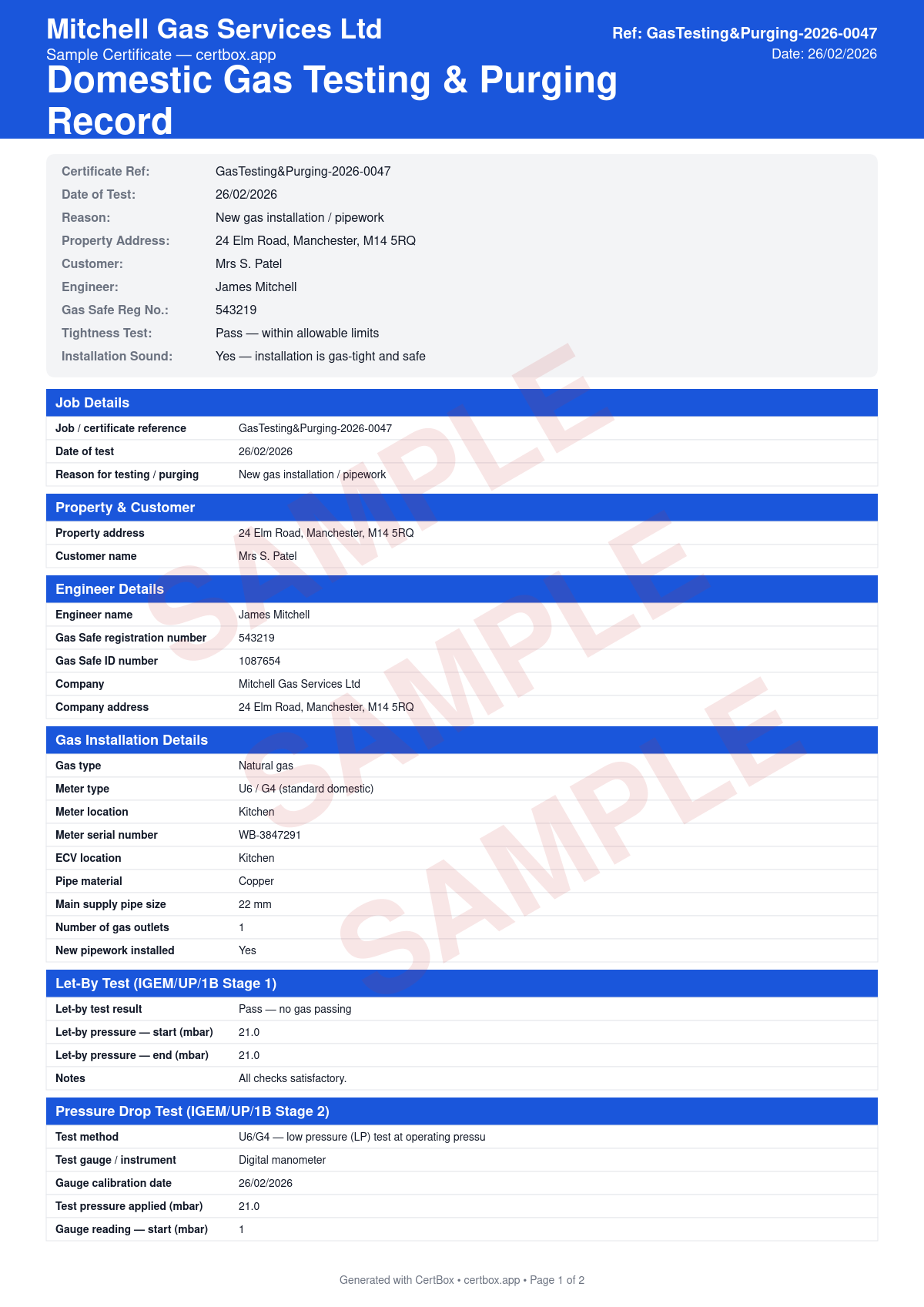 Sample Domestic Gas Testing & Purging Record certificate created with CertBox, showing the professional PDF layout with meter type and location, emergency control valve (ecv) location, let-by test result