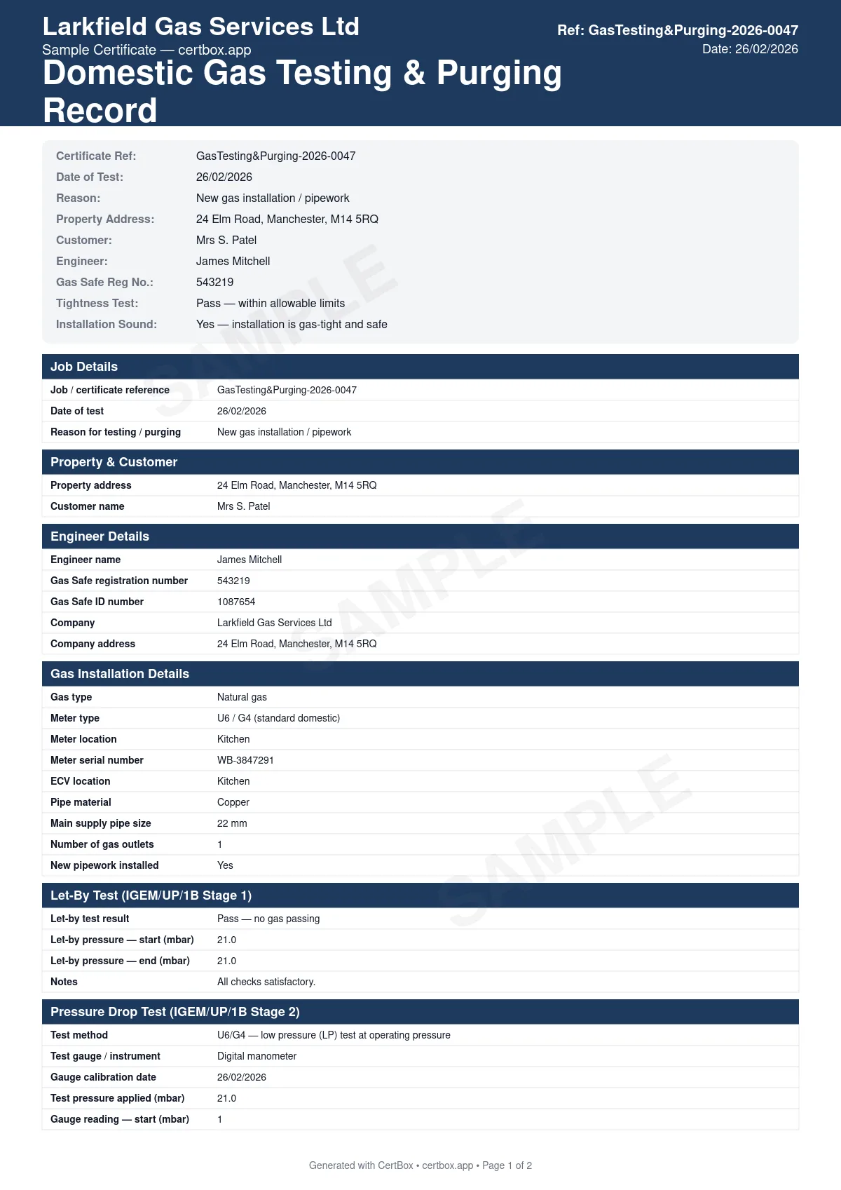 Sample Domestic Gas Testing & Purging Record certificate created with CertBox, showing the professional PDF layout with meter type and location, emergency control valve (ecv) location, let-by test result