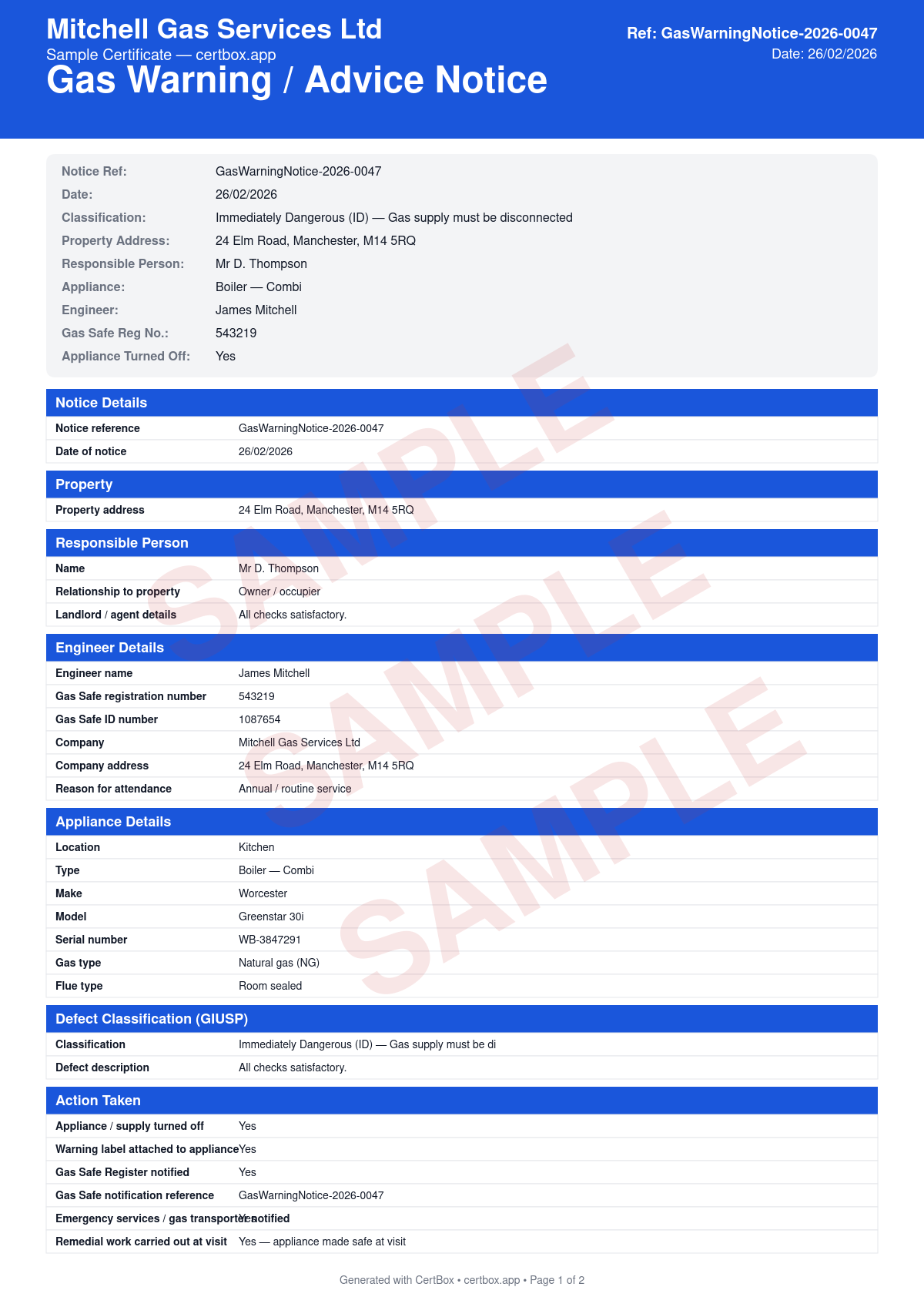 Sample Gas Warning / Advice Notice certificate created with CertBox, showing the professional PDF layout with defect classification (immediately dangerous, at risk, not to current standard), detailed description of the defect and associated risk, action taken (appliance disconnected, turned off, or left in use with advice)