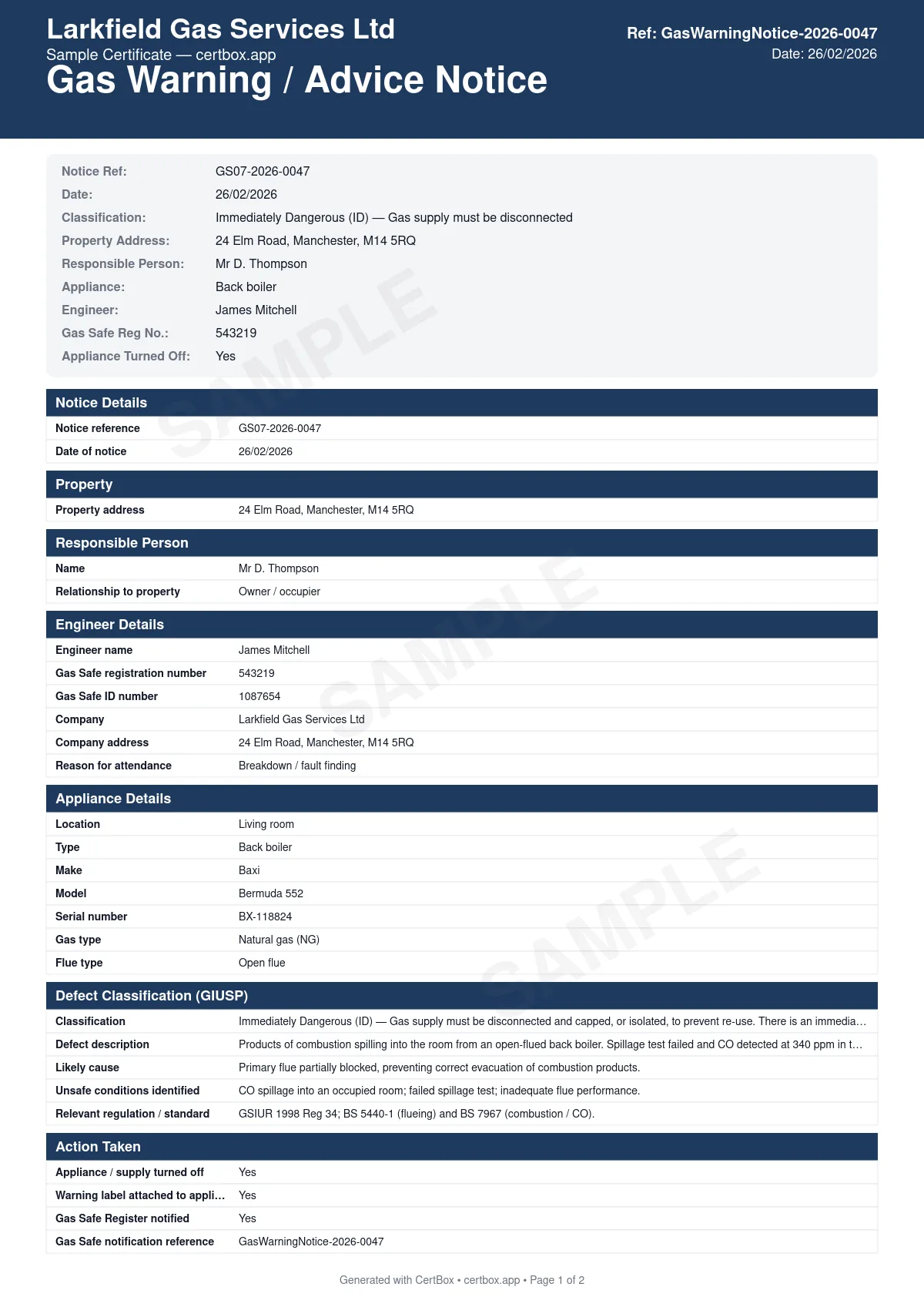Sample Gas Warning / Advice Notice certificate created with CertBox, showing the professional PDF layout with unsafe situation classification (immediately dangerous or at risk under the giusp), detailed description of the defect and associated risk, action taken (appliance disconnected, turned off, or left in use with advice)
