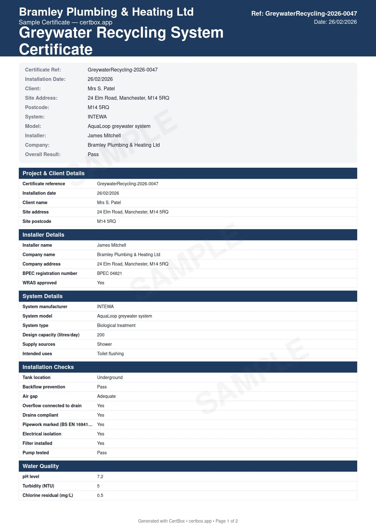 Sample Greywater Recycling System Certificate certificate created with CertBox, showing the professional PDF layout with system type (diversion, short retention, biological), treatment process and capacity, water quality testing (ph, turbidity)