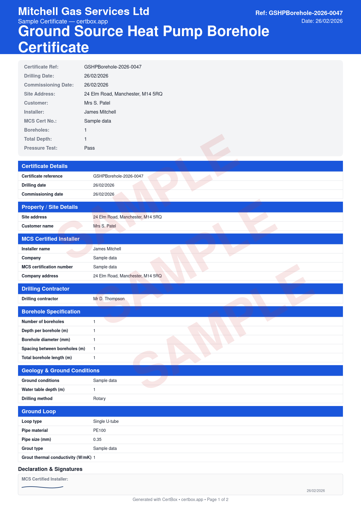 Sample Ground Source Heat Pump Borehole Certificate certificate created with CertBox, showing the professional PDF layout with borehole depth, diameter, and location, geological conditions encountered, grout type and volume