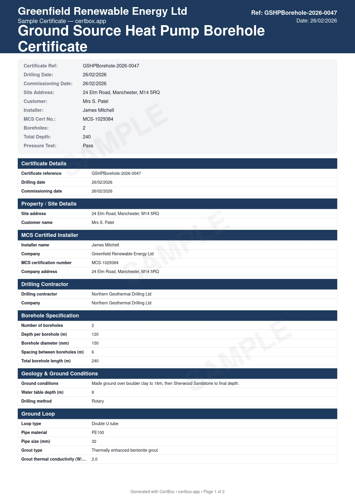 Sample Ground Source Heat Pump Borehole Certificate certificate created with CertBox, showing the professional PDF layout with borehole depth, diameter, and location, geological conditions encountered, grout type and volume